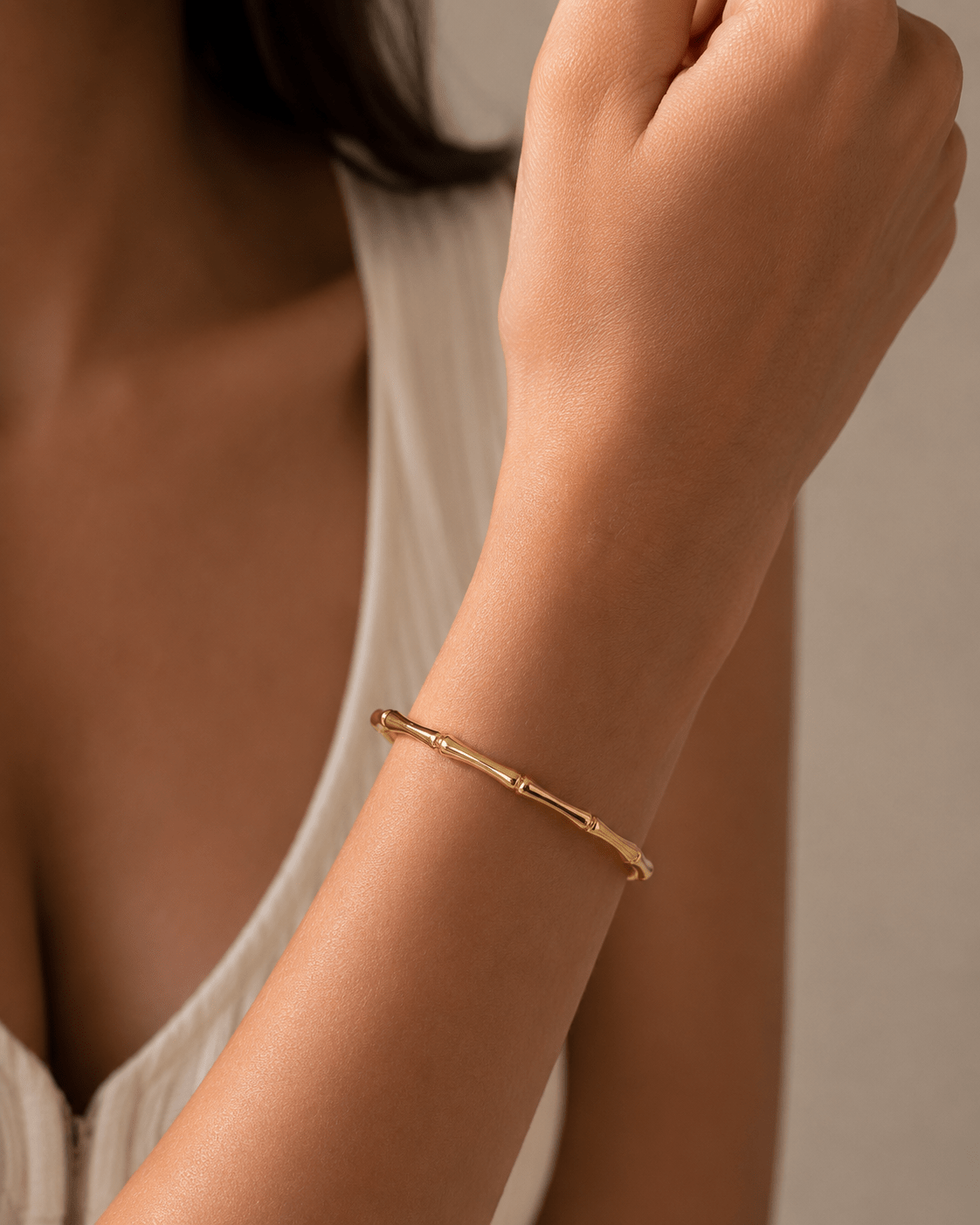 18K Gold Plated Bamboo-Inspired Open Bangle Bracelet for Women | Waterproof Stainless Steel Cuff Bracelet - Zoene Jewels
