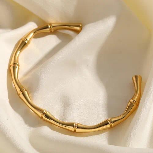 18K Gold Plated Bamboo-Inspired Open Bangle Bracelet for Women | Waterproof Stainless Steel Cuff Bracelet - Zoene Jewels