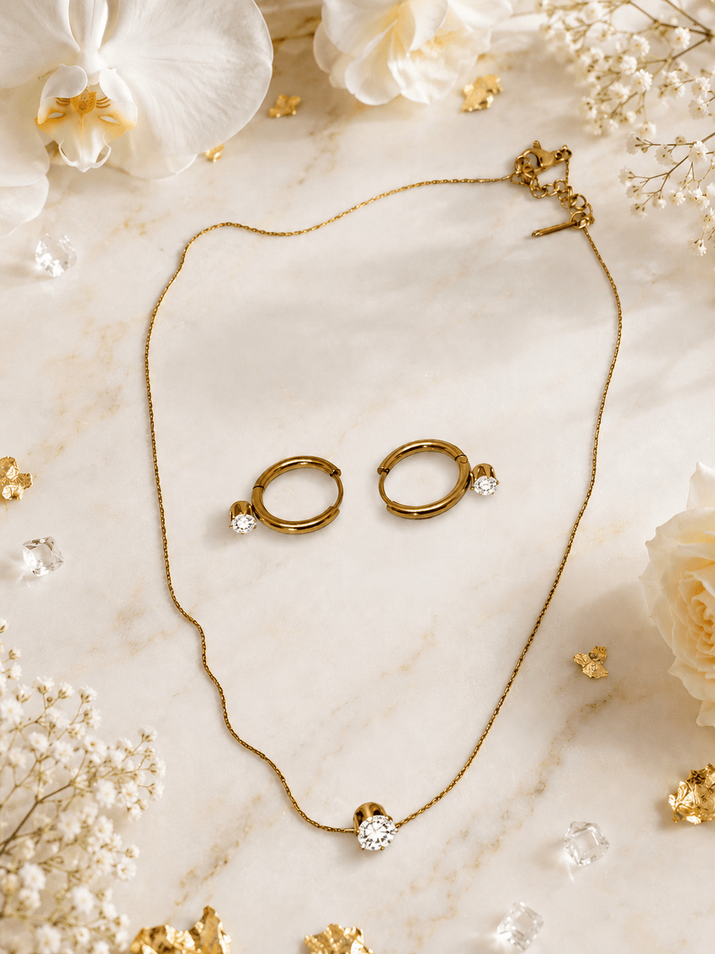 18K Gold Plated Dainty Necklace & Hoop Earrings Set – Minimalist Zircon Jewellery Set for Women - Zoene Jewels