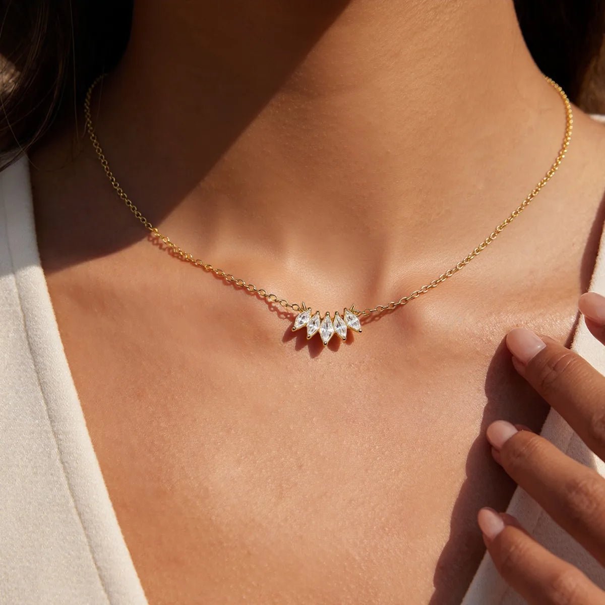 18K Gold Plated Rhombus Necklace with Zircon — Figaro Chain - Zoene Jewels