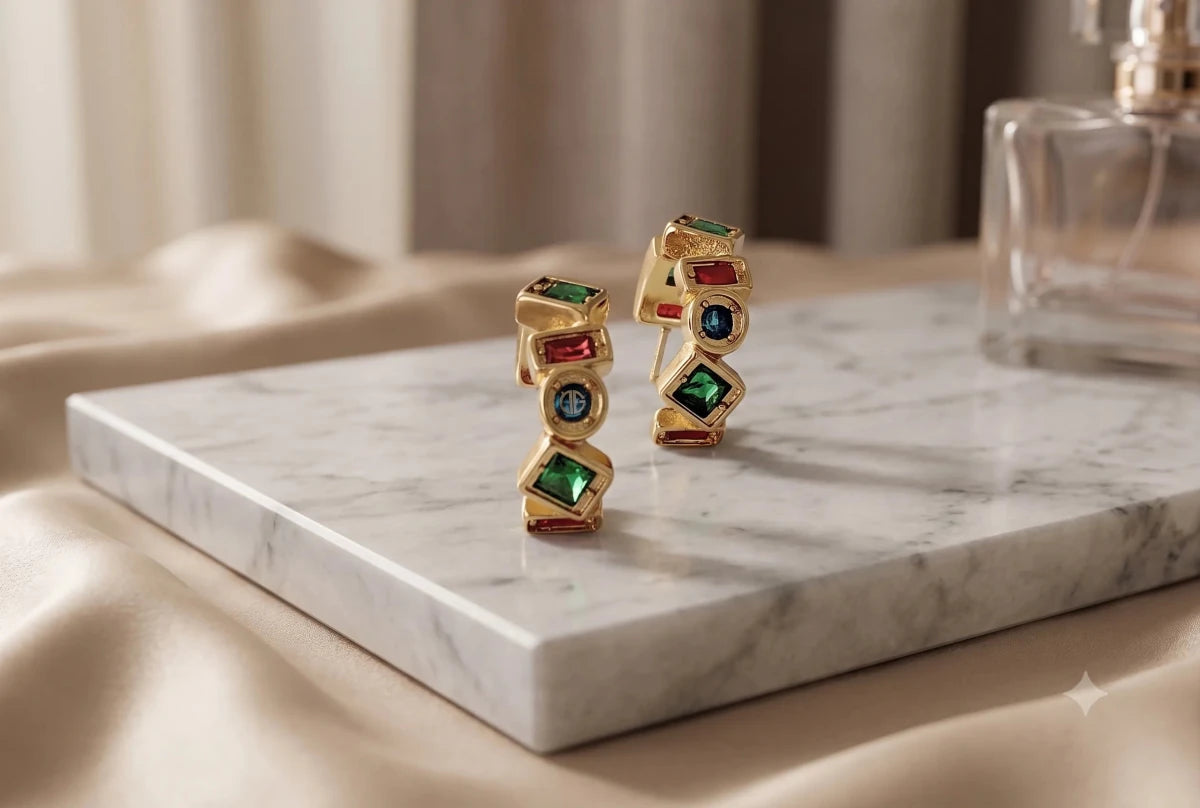 18K Gold Plated Zirconia Circle & Square Stud Earrings - Zoene Jewels