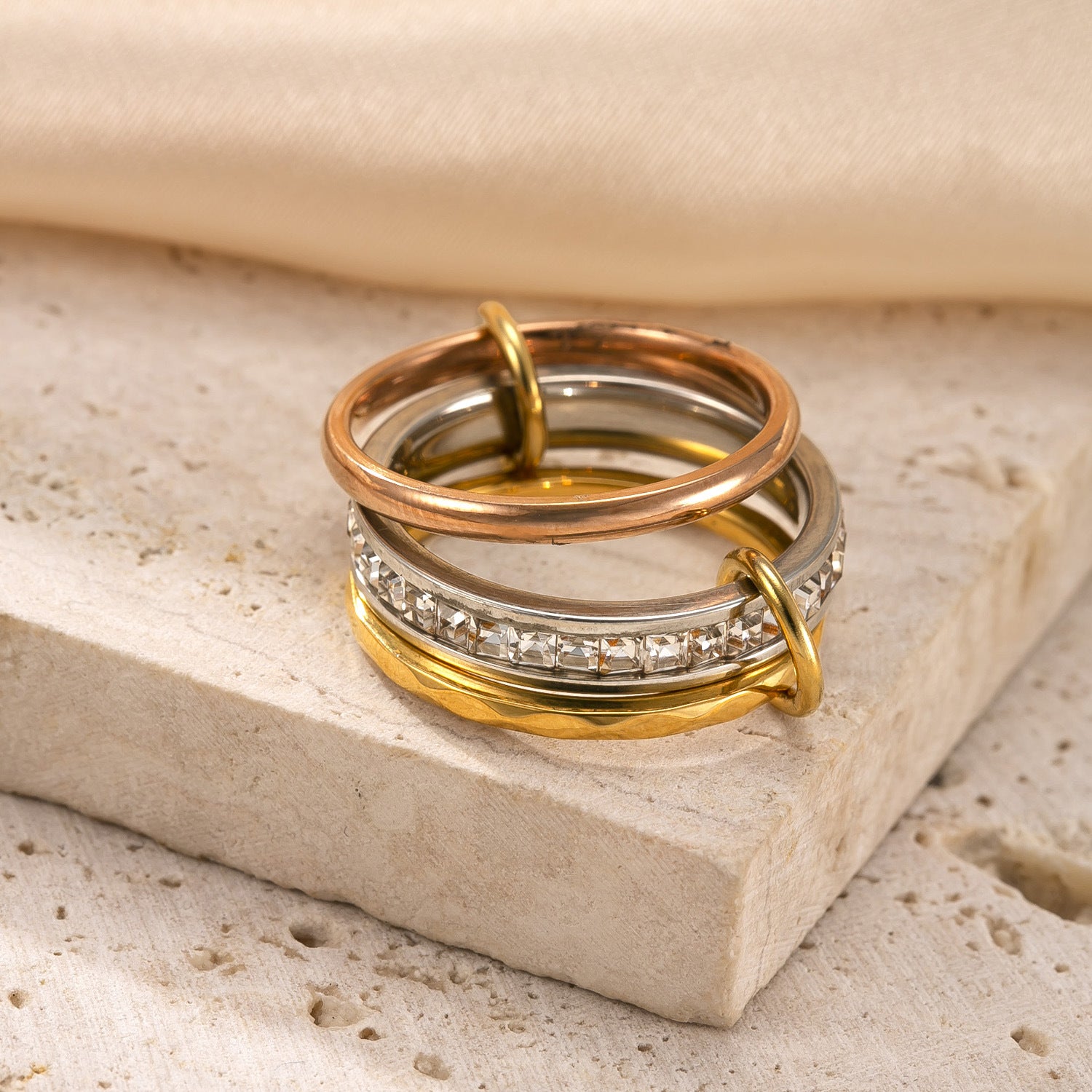 18K Gold Plated Geometric Stackable Ring with Rhinestones