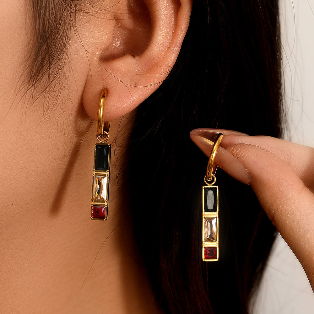 Retro Rectangle Drop Earrings — 18K Gold Plated Rhinestones