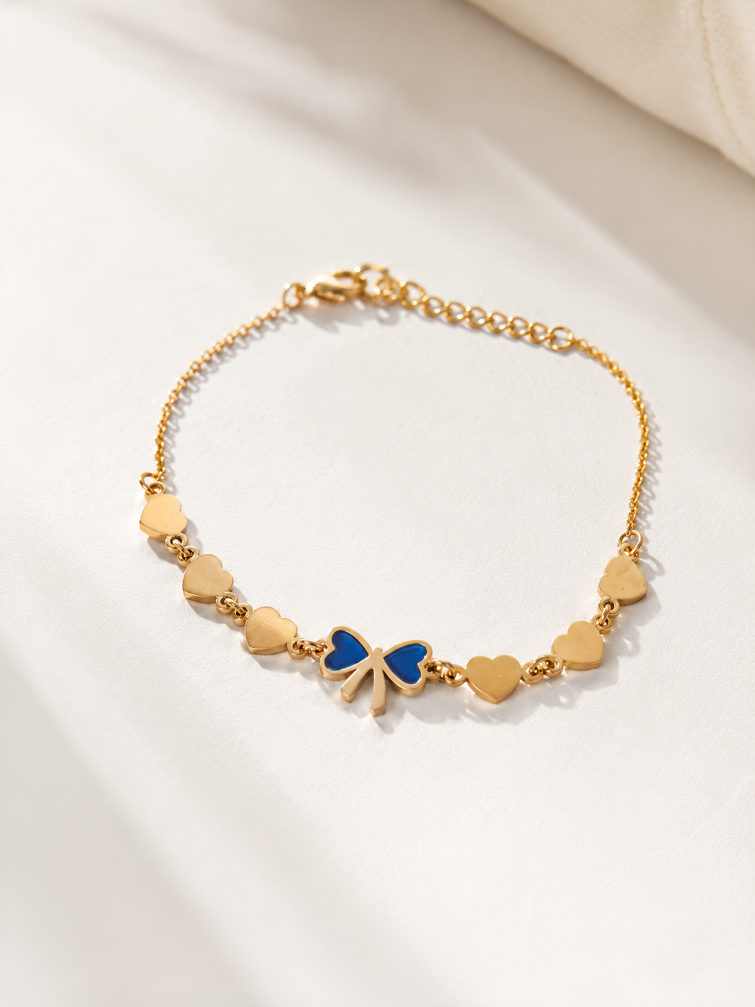 Amora Blue Bow Heart Charm Bracelet – 18K Gold Plated Adjustable Bracelet for Women