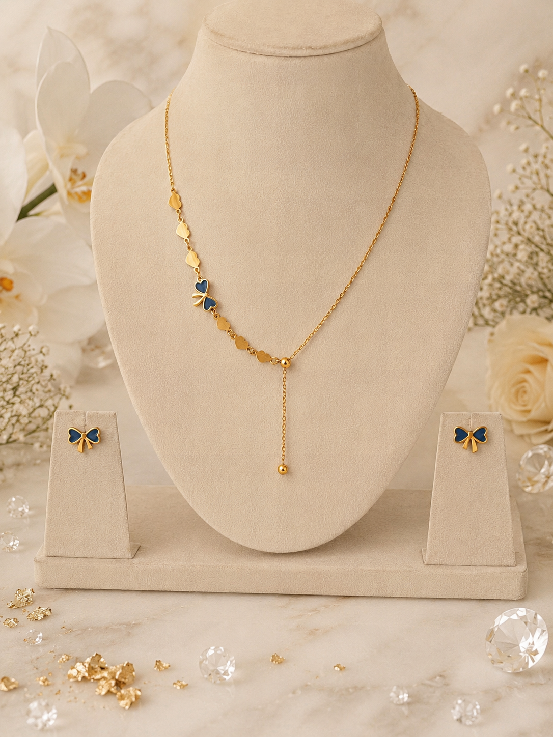 Amora Bow Jewellery Set – Gold Bow Necklace and Matching Stud Earrings