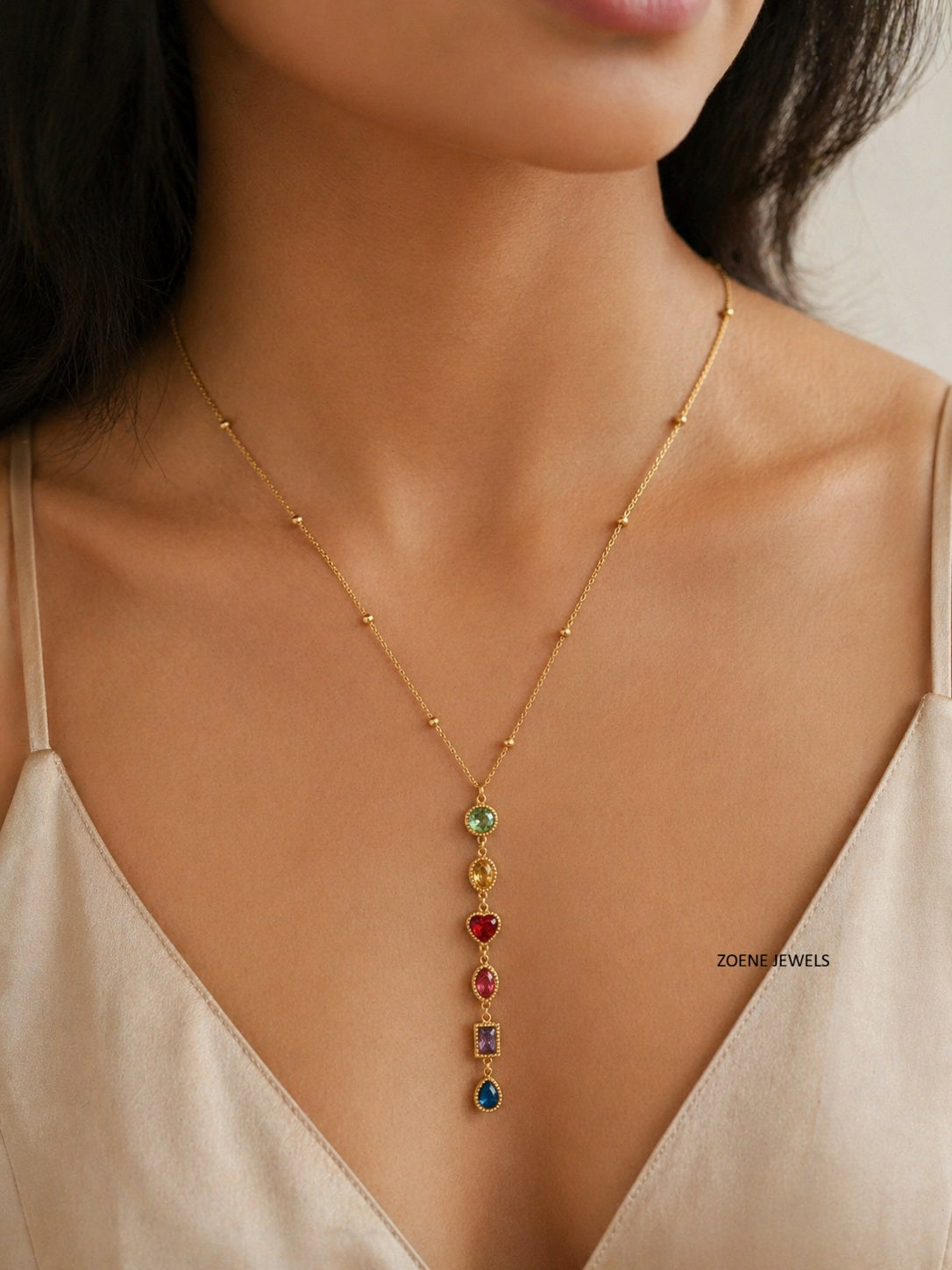 Aurora Rainbow Gem Drop Necklace – 18K Gold Plated Multicolor Zircon Pendant Necklace