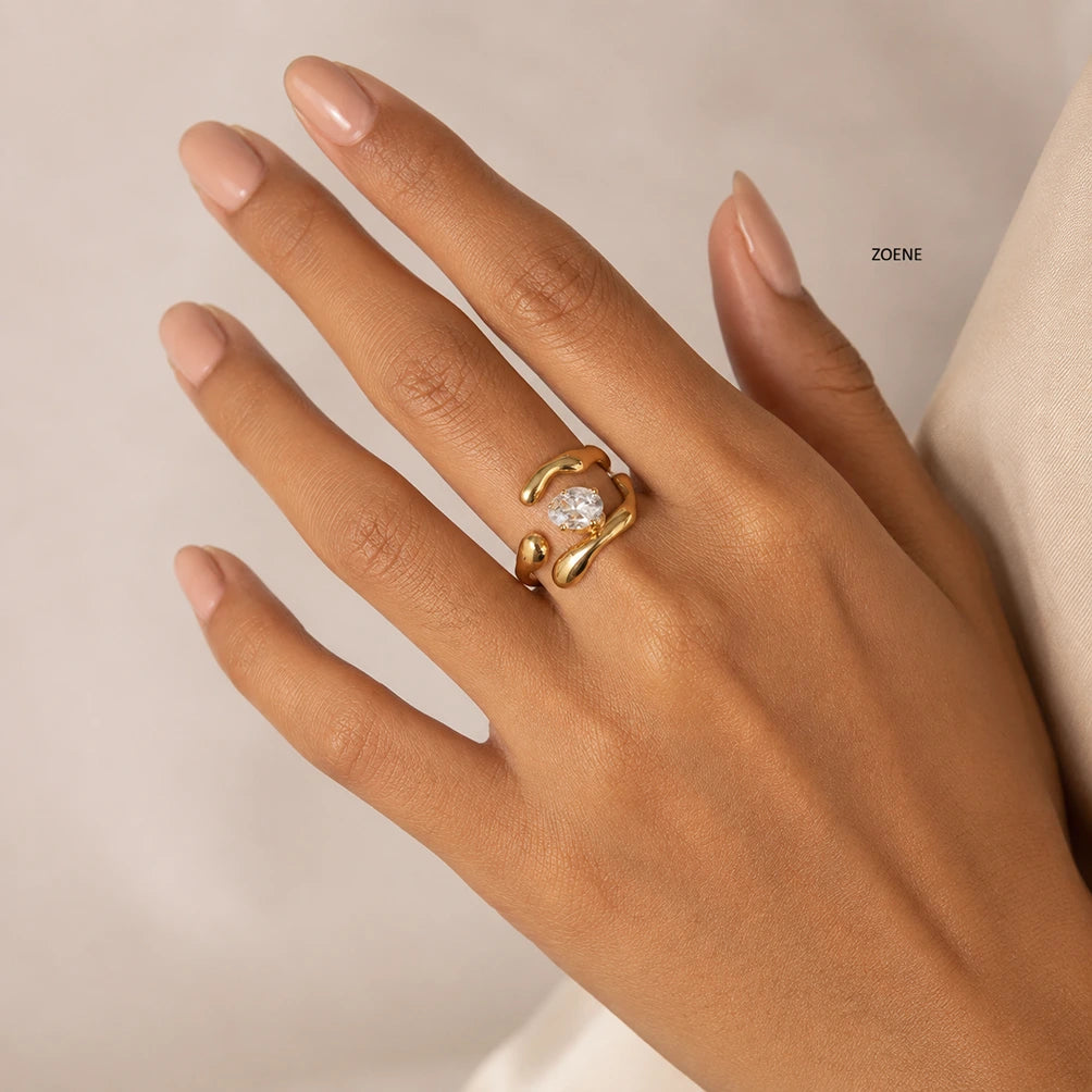 Organic Wave Zircon Open Ring – 18K Gold Plated Statement Ring for Women