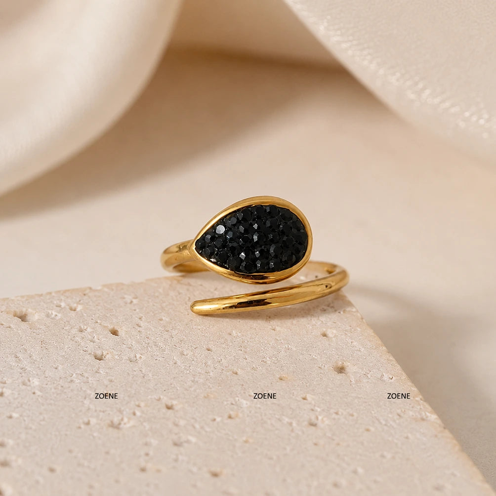 Teardrop Pavé Onyx Ring – Black Crystal Statement Ring in 18K Gold Plated Stainless Steel