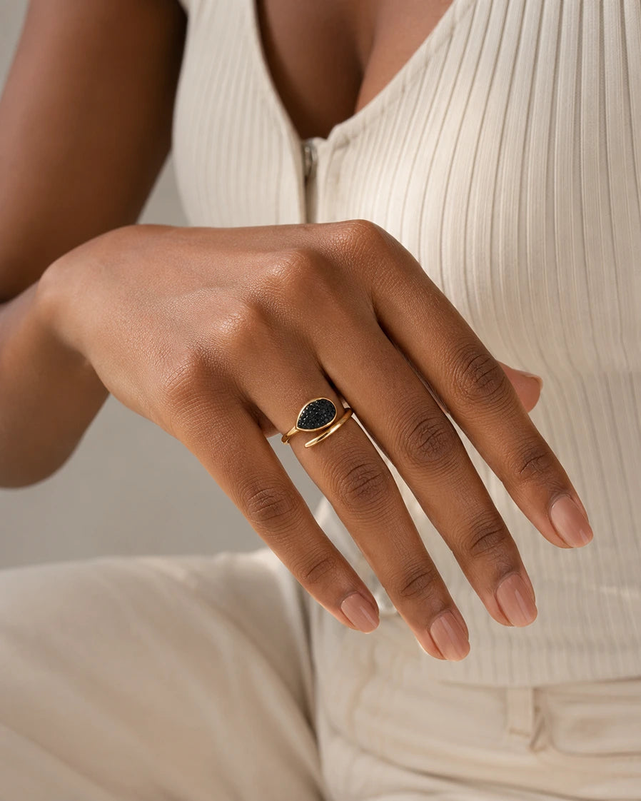 Teardrop Pavé Onyx Ring – Black Crystal Statement Ring in 18K Gold Plated Stainless Steel