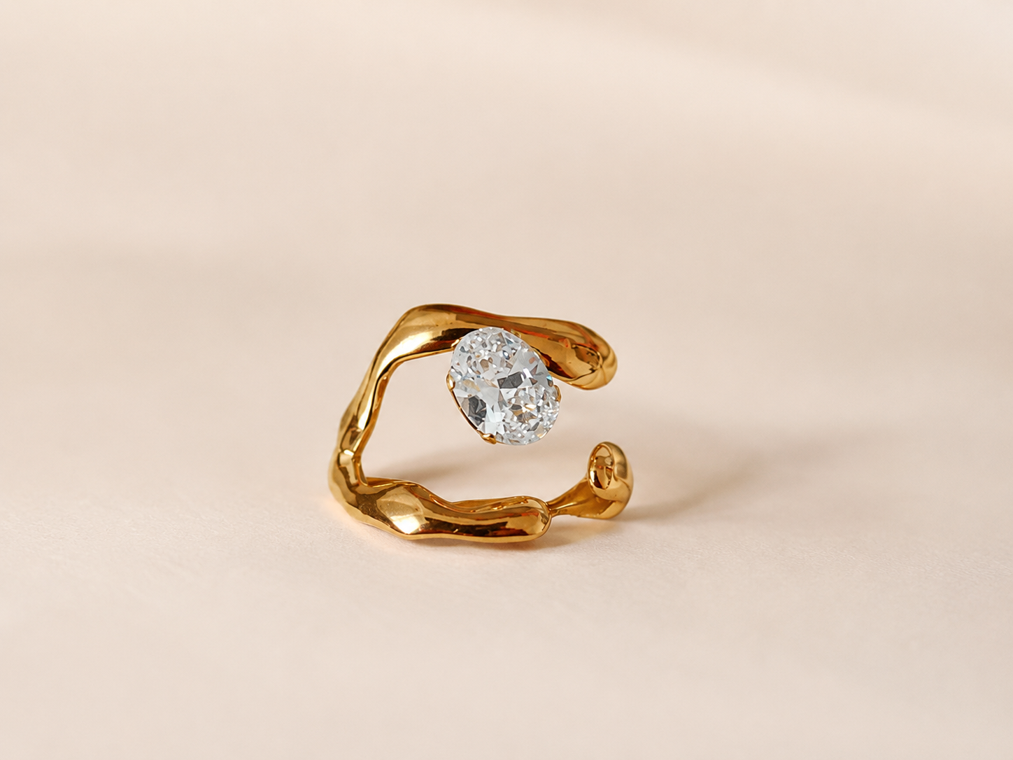 Organic Wave Zircon Open Ring – 18K Gold Plated Statement Ring for Women