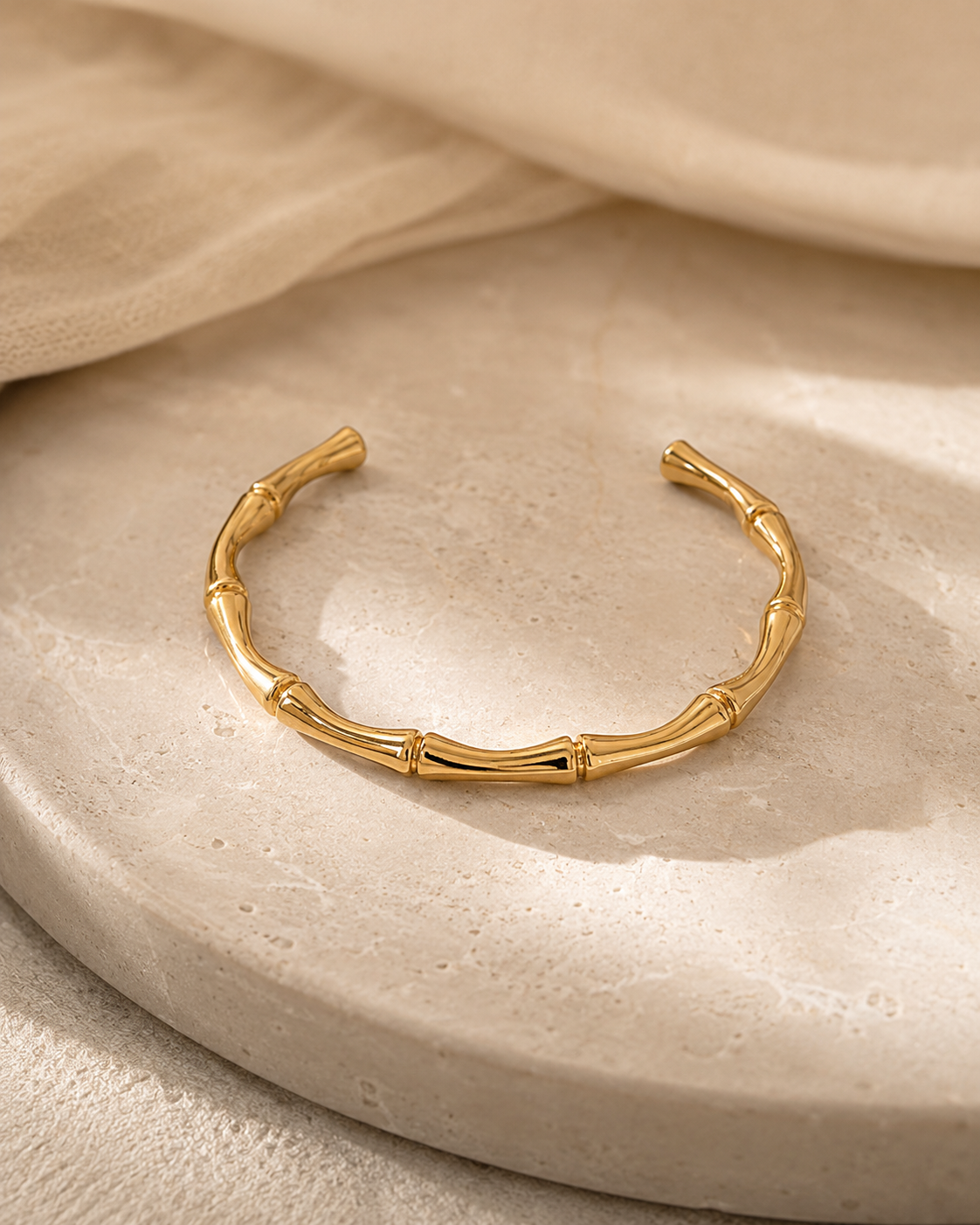 18K Gold Plated Bamboo-Inspired Open Bangle Bracelet for Women | Waterproof Stainless Steel Cuff Bracelet