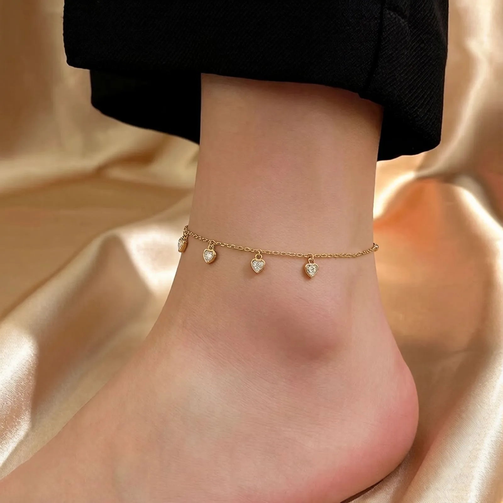 14K gold plated titanium steel heart anklet with rhinestones