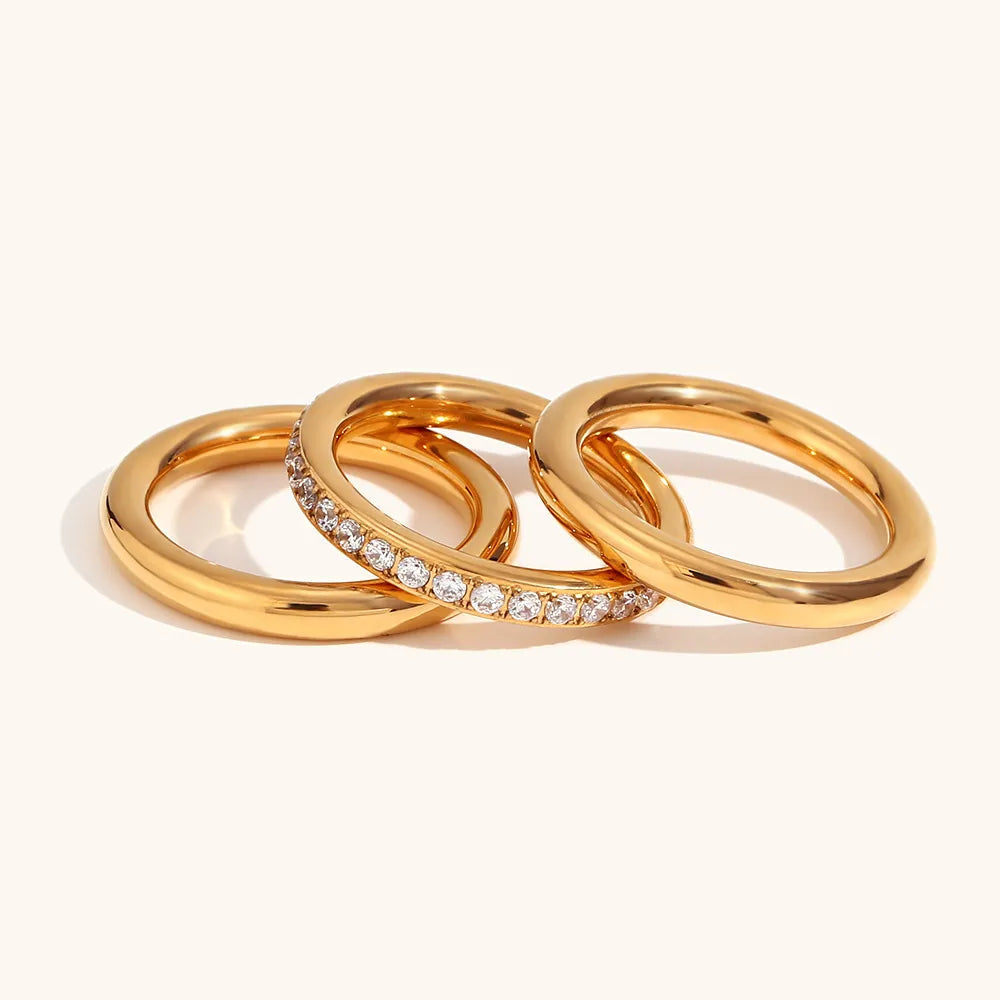 Geometric gold plated stainless steel ring set with rhinestone inlay