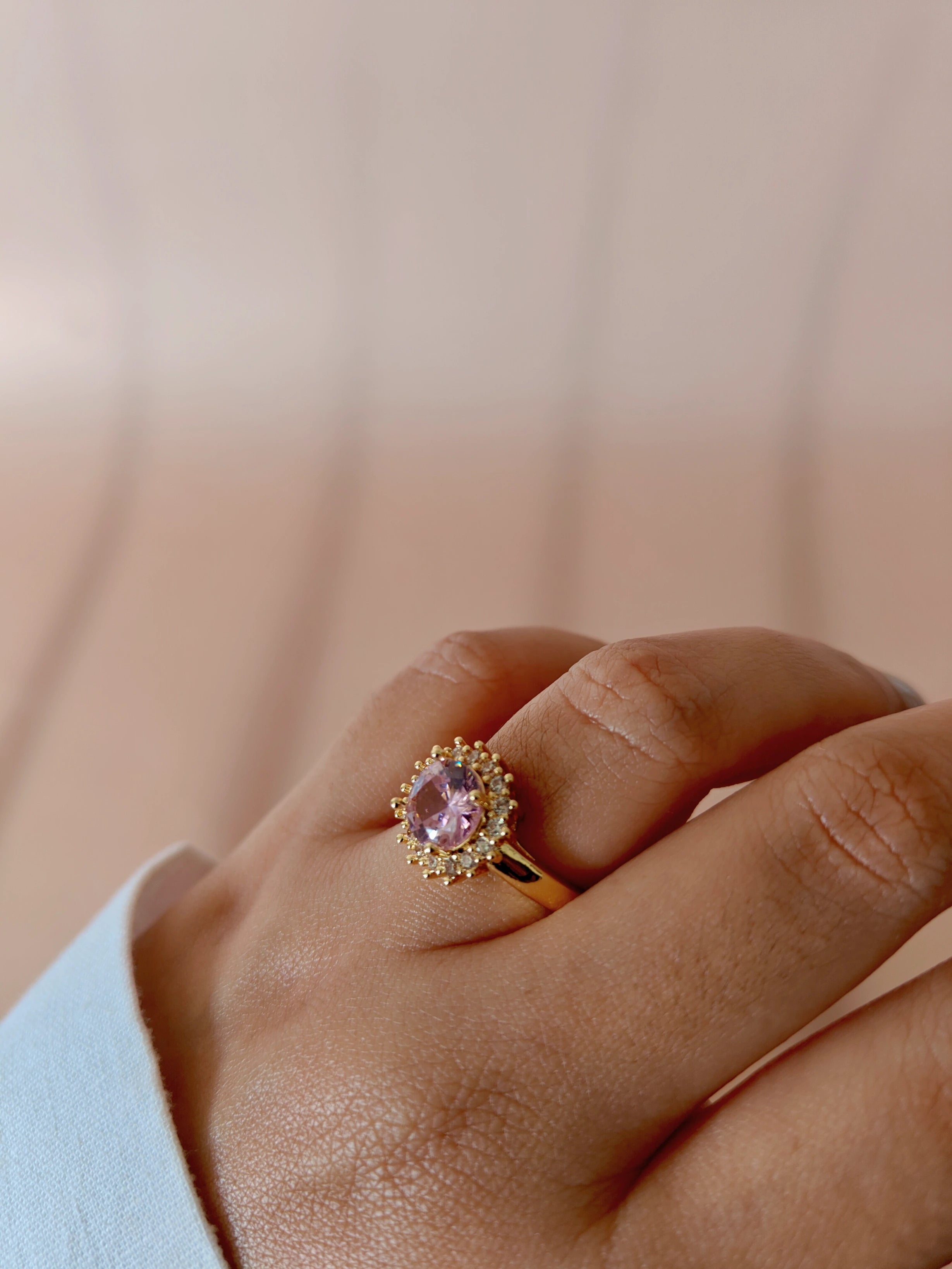 Blush Radiance Halo Zircon Ring – Pink Crystal Statement Ring in 18K Gold Plated Stainless Steel