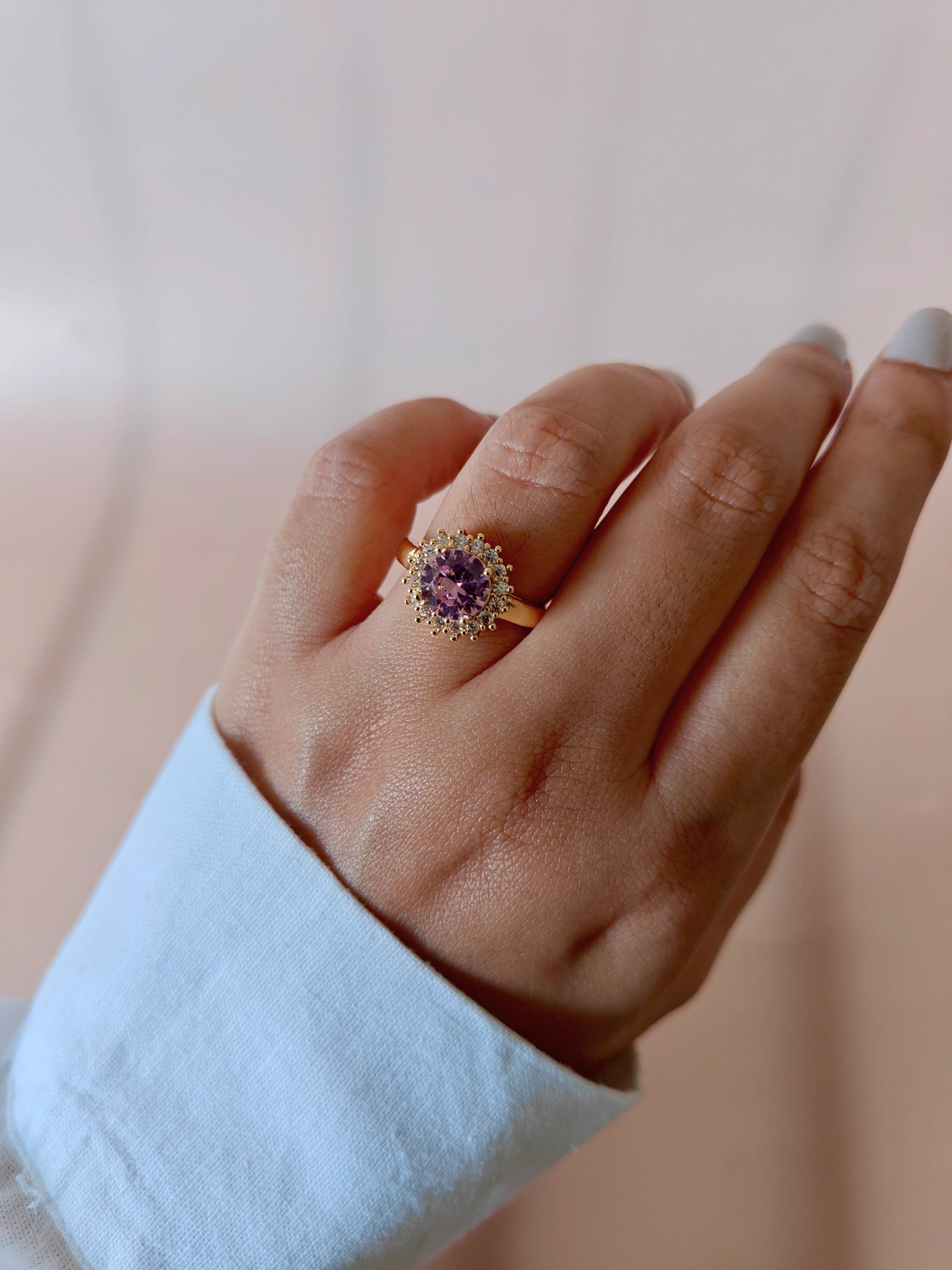Blush Radiance Halo Zircon Ring – Pink Crystal Statement Ring in 18K Gold Plated Stainless Steel
