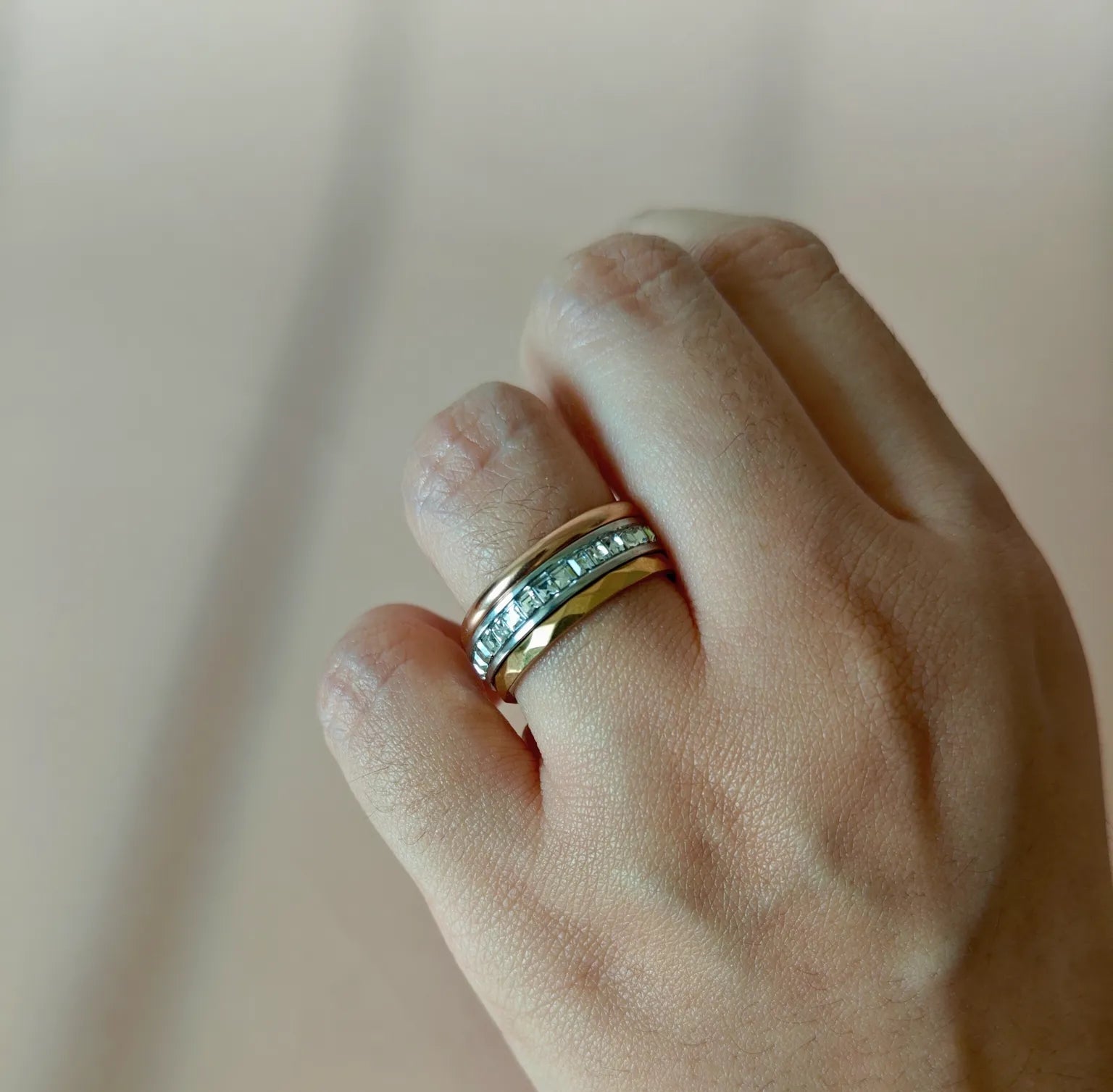 18K Gold Plated Geometric Stackable Ring with Rhinestones