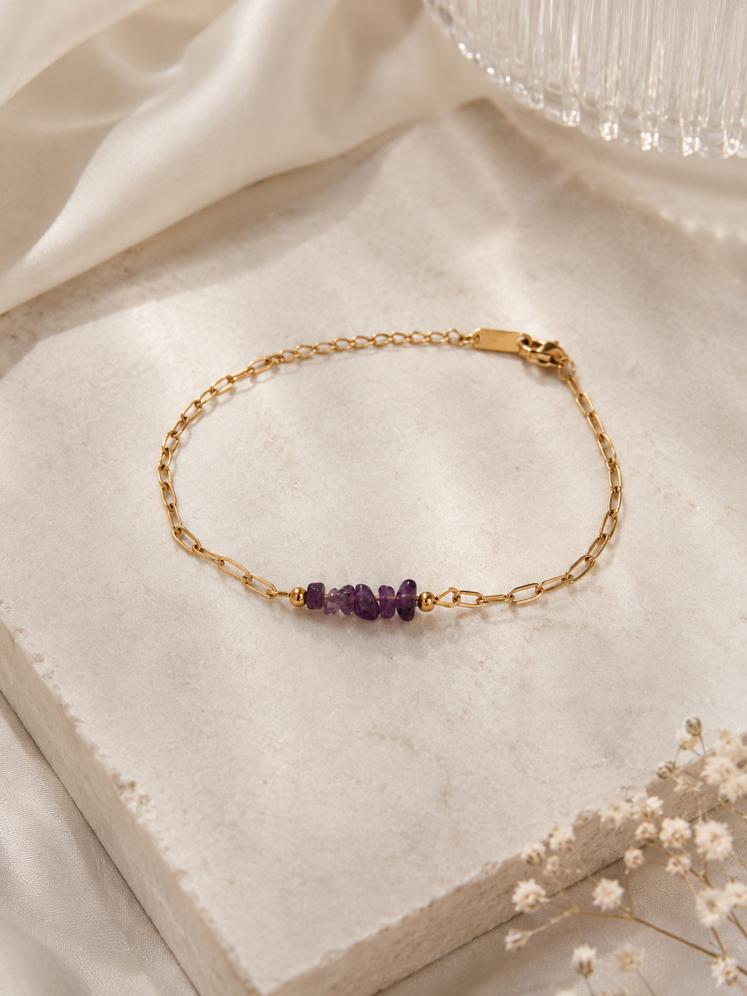 Lilac Chain Bracelet – Natural Amethyst Stone Bracelet in 18K Gold Plated Stainless Steel