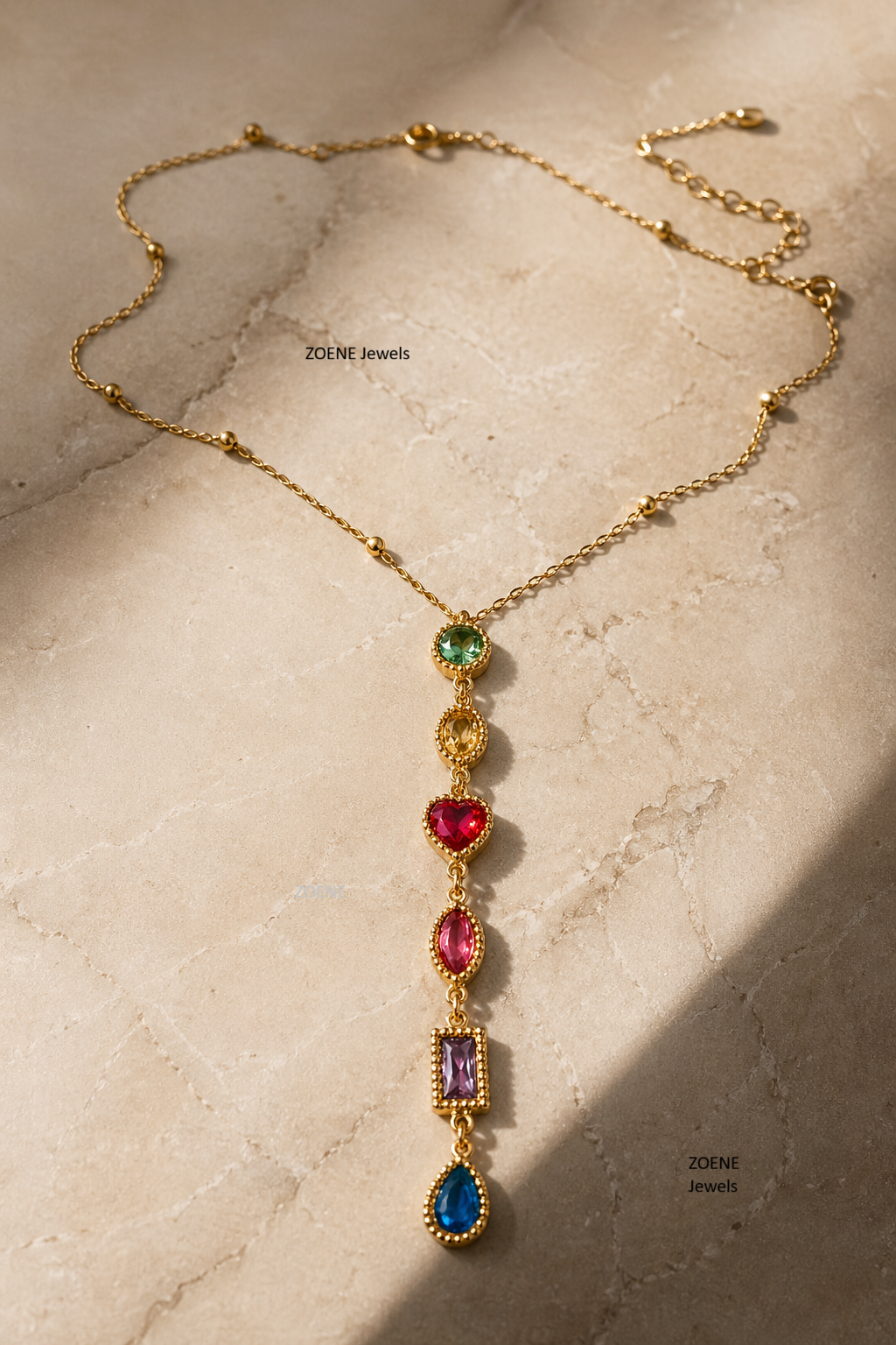 Aurora Rainbow Gem Drop Necklace – 18K Gold Plated Multicolor Zircon Pendant Necklace