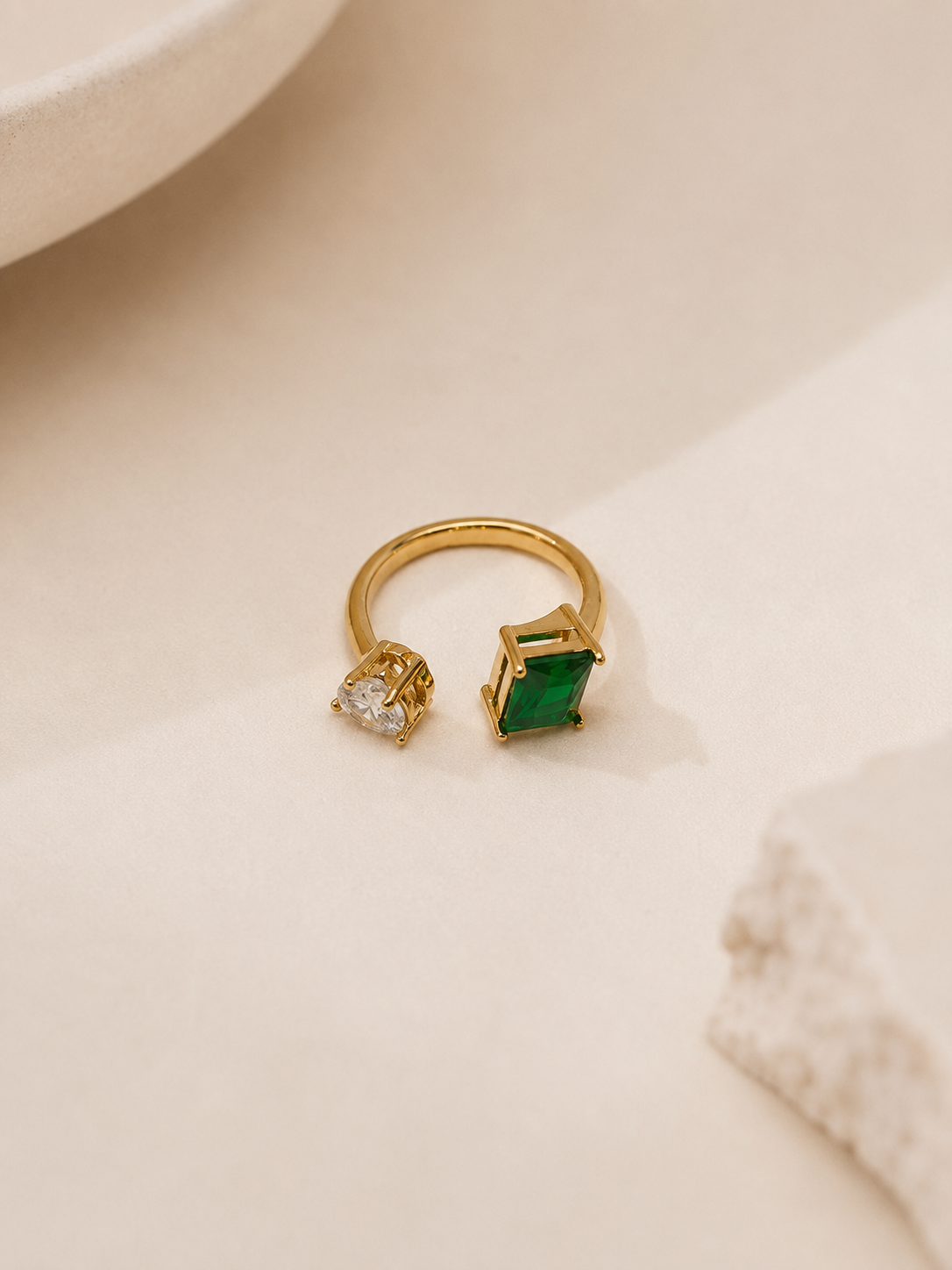 Duo Gem Cocktail Ring – Emerald Green & Crystal White Open Ring in 18K Gold PVD Plated Stainless Steel