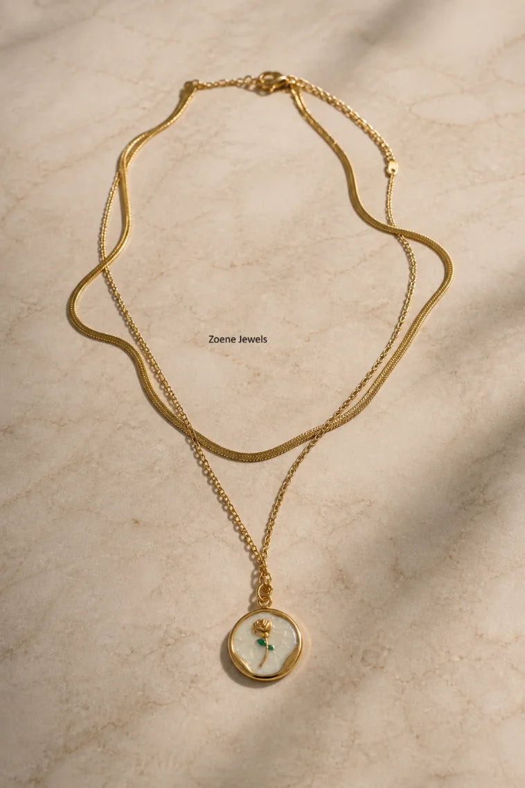 Vintage Rose Layered Necklace – Double Layer Gold Pendant Necklace for Women