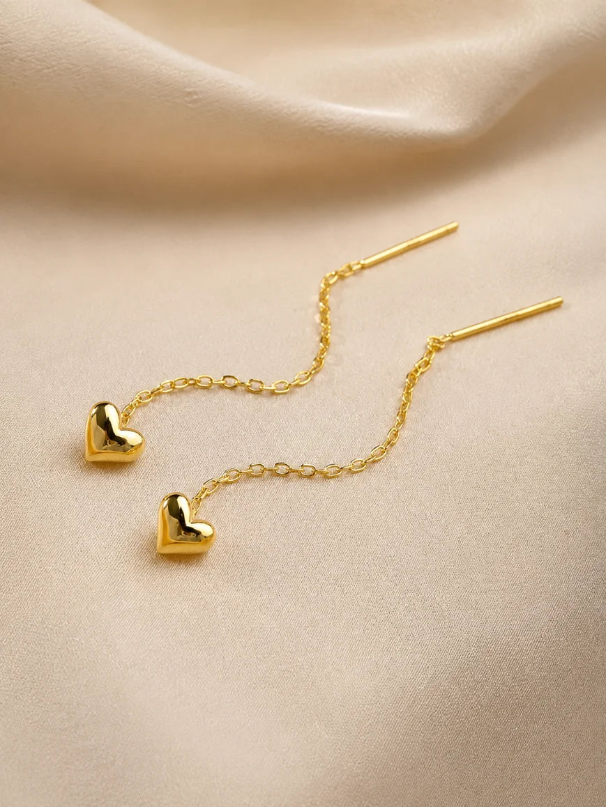 Whisper Heart Threader Earrings – 18K Gold Plated Heart Chain Earrings