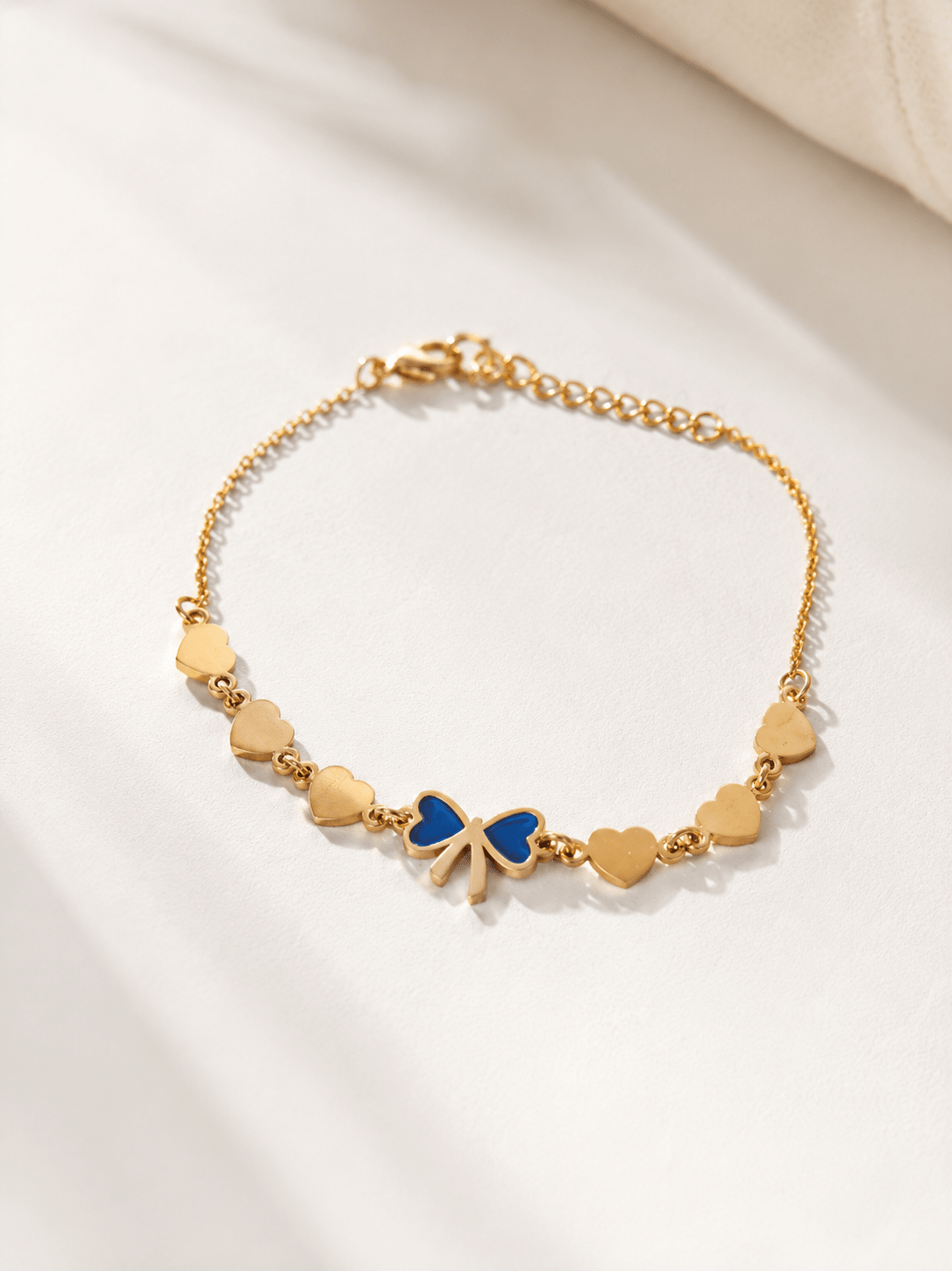 Amora Blue Bow Heart Charm Bracelet – 18K Gold Plated Adjustable Bracelet for Women - Zoene Jewels