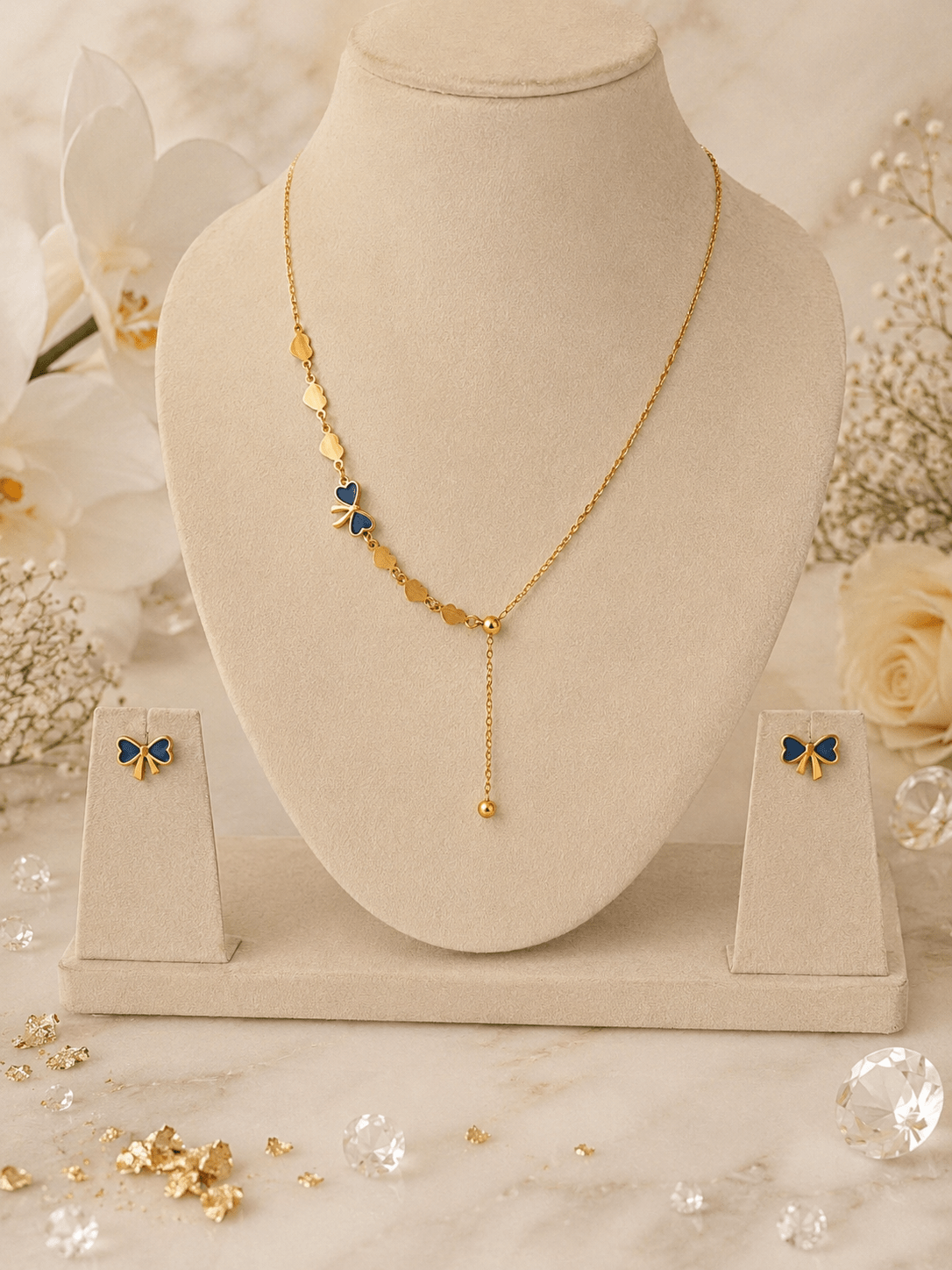 Amora Bow Jewellery Set – Gold Bow Necklace and Matching Stud Earrings - Zoene Jewels