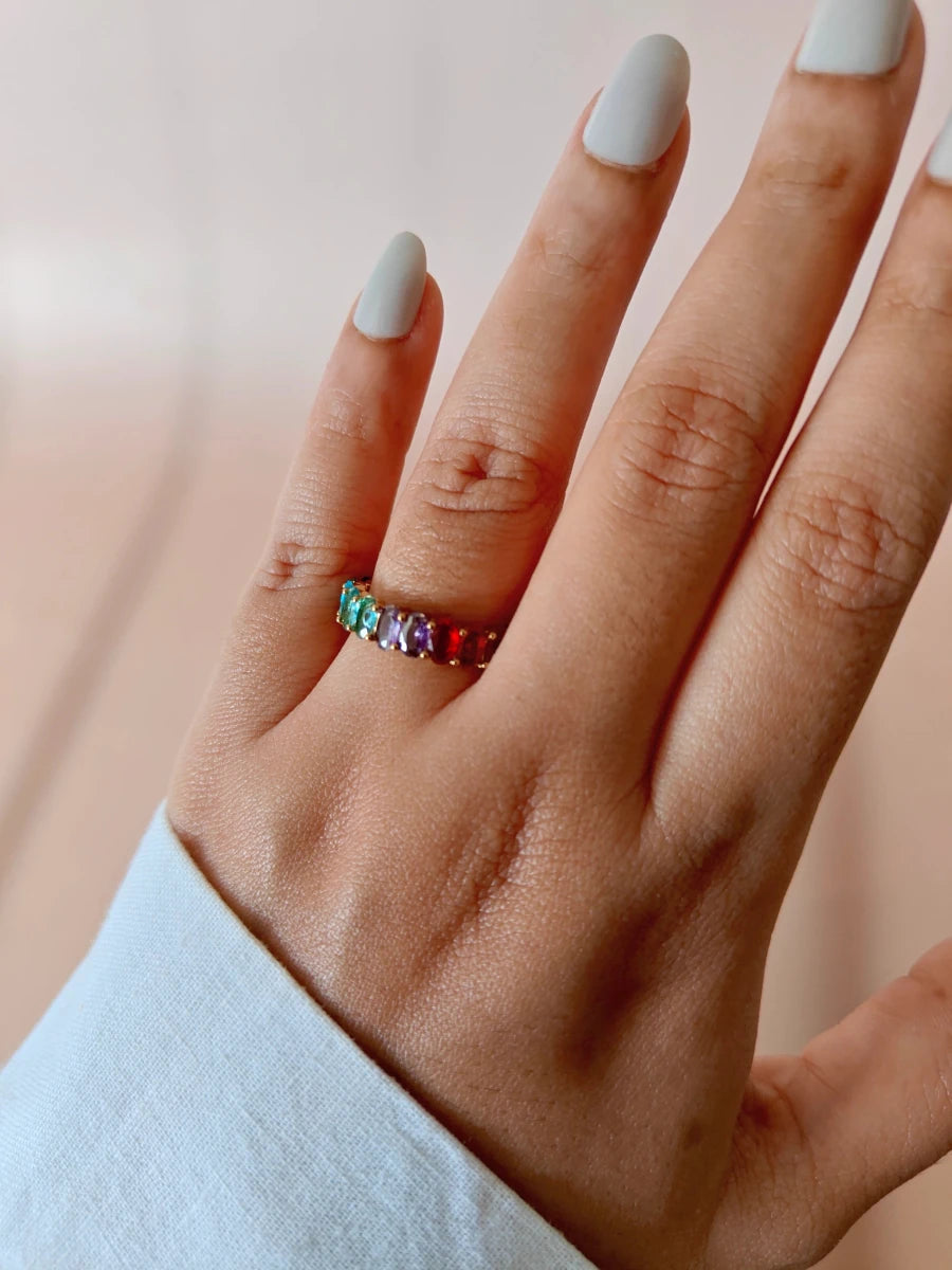 Aura Rainbow Zircon Open Ring – 18K Gold Plated Colorful Statement Ring - Zoene Jewels