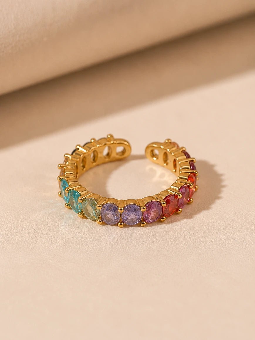 Aura Rainbow Zircon Open Ring – 18K Gold Plated Colorful Statement Ring - Zoene Jewels