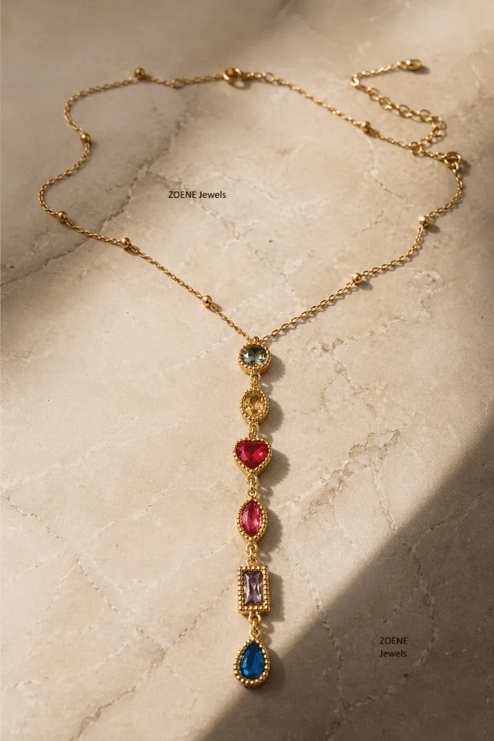 Aurora Rainbow Gem Drop Necklace – 18K Gold Plated Multicolor Zircon Pendant Necklace - Zoene Jewels