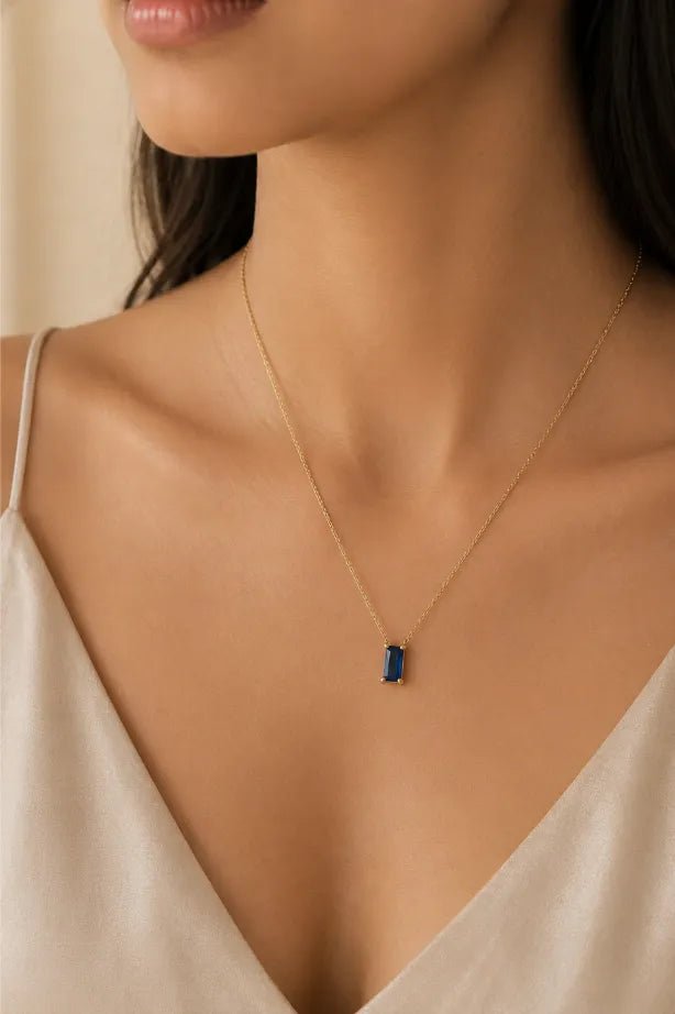 Azure Solitaire Blue Pendant Necklace – 18K Gold Plated Minimalist Sapphire Blue Stone Necklace for Women - Zoene Jewels