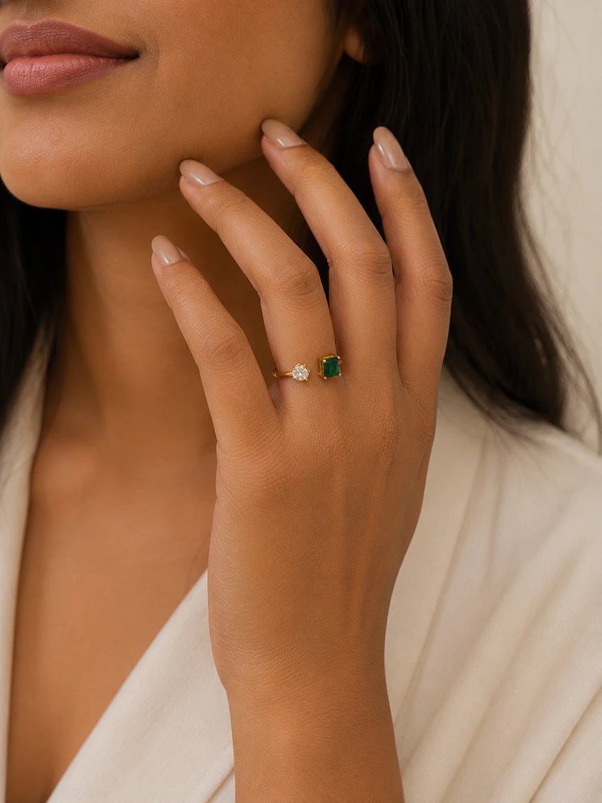 Duo Gem Cocktail Ring – Emerald Green & Crystal White Open Ring in 18K Gold PVD Plated Stainless Steel - Zoene Jewels