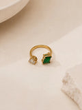 Duo Gem Cocktail Ring – Emerald Green & Crystal White Open Ring in 18K Gold PVD Plated Stainless Steel - Zoene Jewels