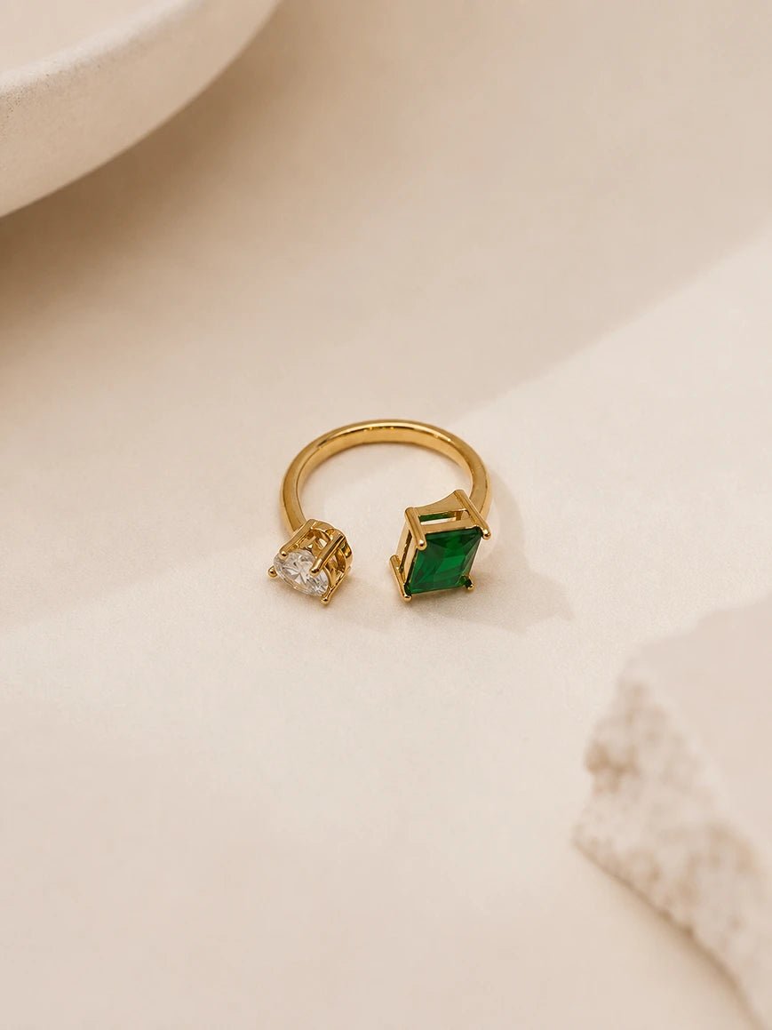 Duo Gem Cocktail Ring – Emerald Green & Crystal White Open Ring in 18K Gold PVD Plated Stainless Steel - Zoene Jewels