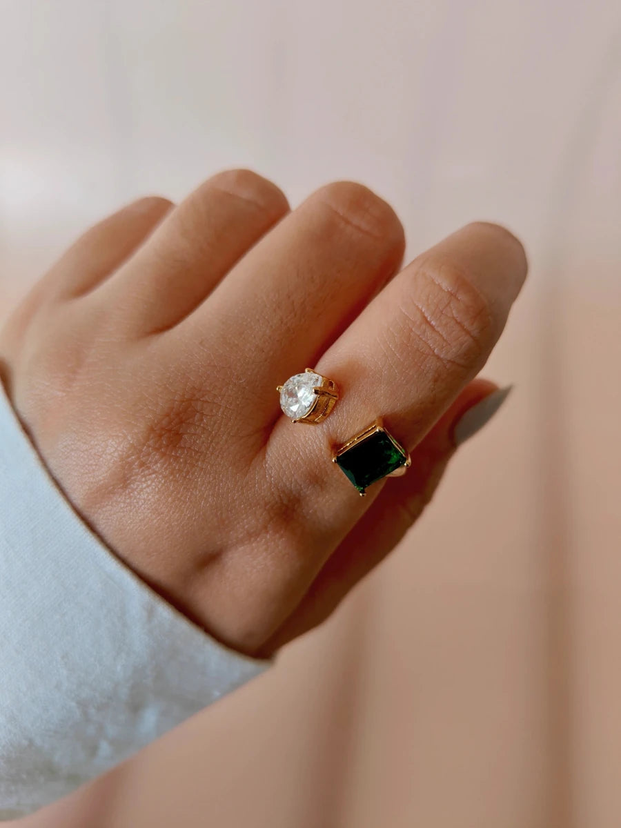 Duo Gem Cocktail Ring – Emerald Green & Crystal White Open Ring in 18K Gold PVD Plated Stainless Steel - Zoene Jewels