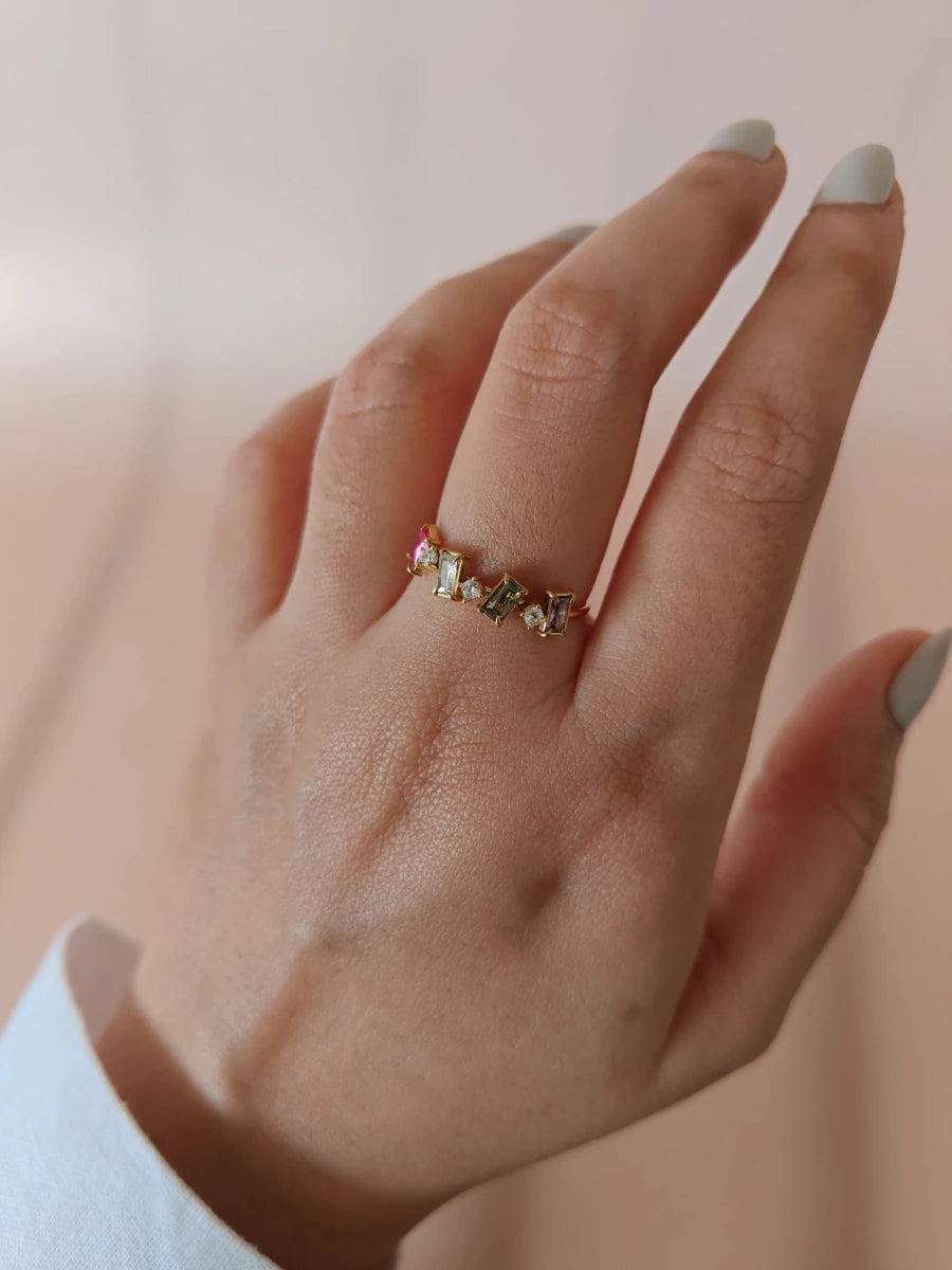 Elysian Rainbow Ring – Multicolor Zircon Statement Ring in 18K Gold Plated Stainless Steel - Zoene Jewels