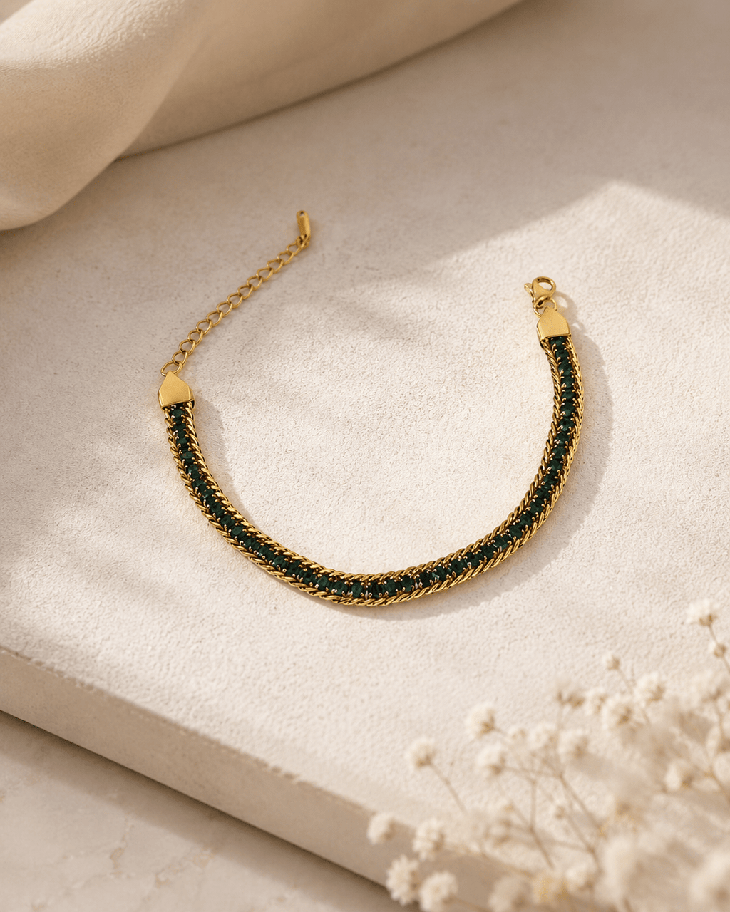 Emerald Weave Bracelet – 18K Gold Plated Green Crystal Chain Bracelet for Women - Zoene Jewels