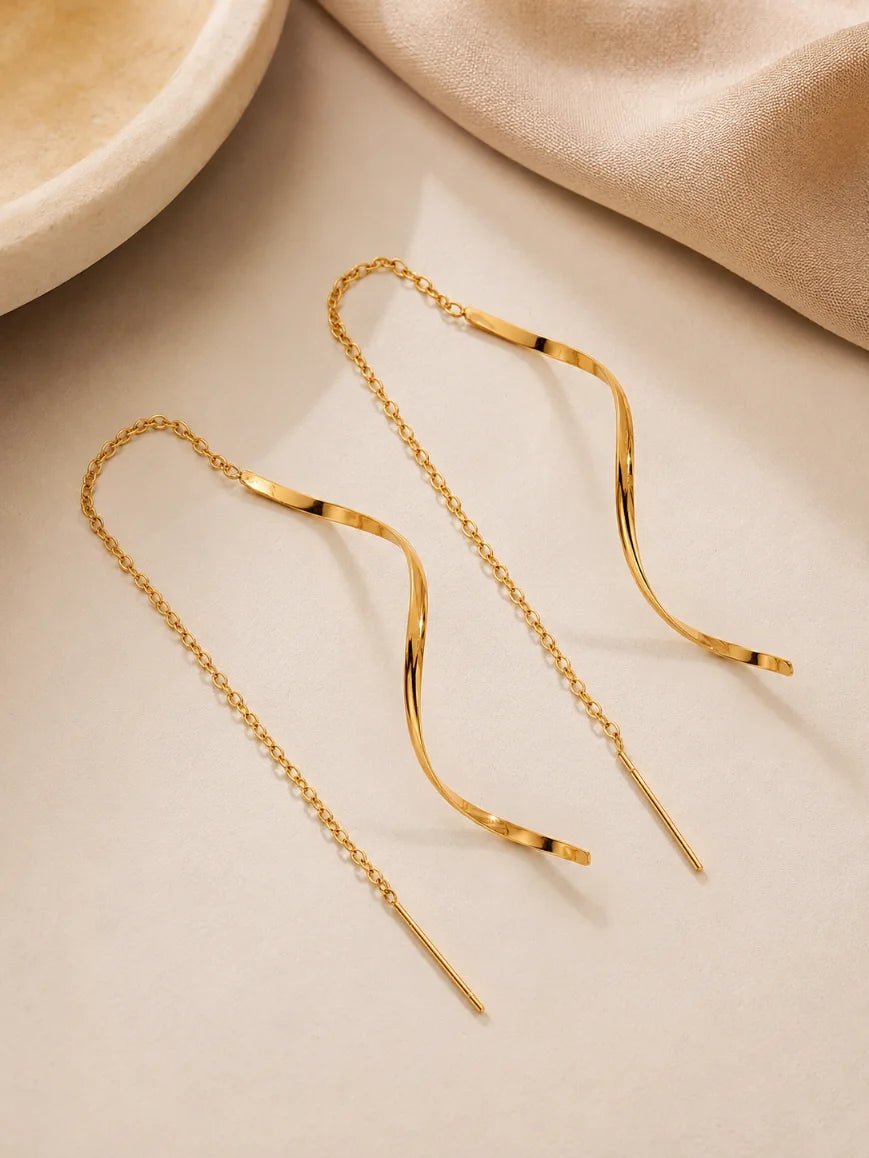 Flow Threader Earrings – Minimalist Wave Chain Earrings in 18K Gold Plated Stainless Steel - Zoene Jewels
