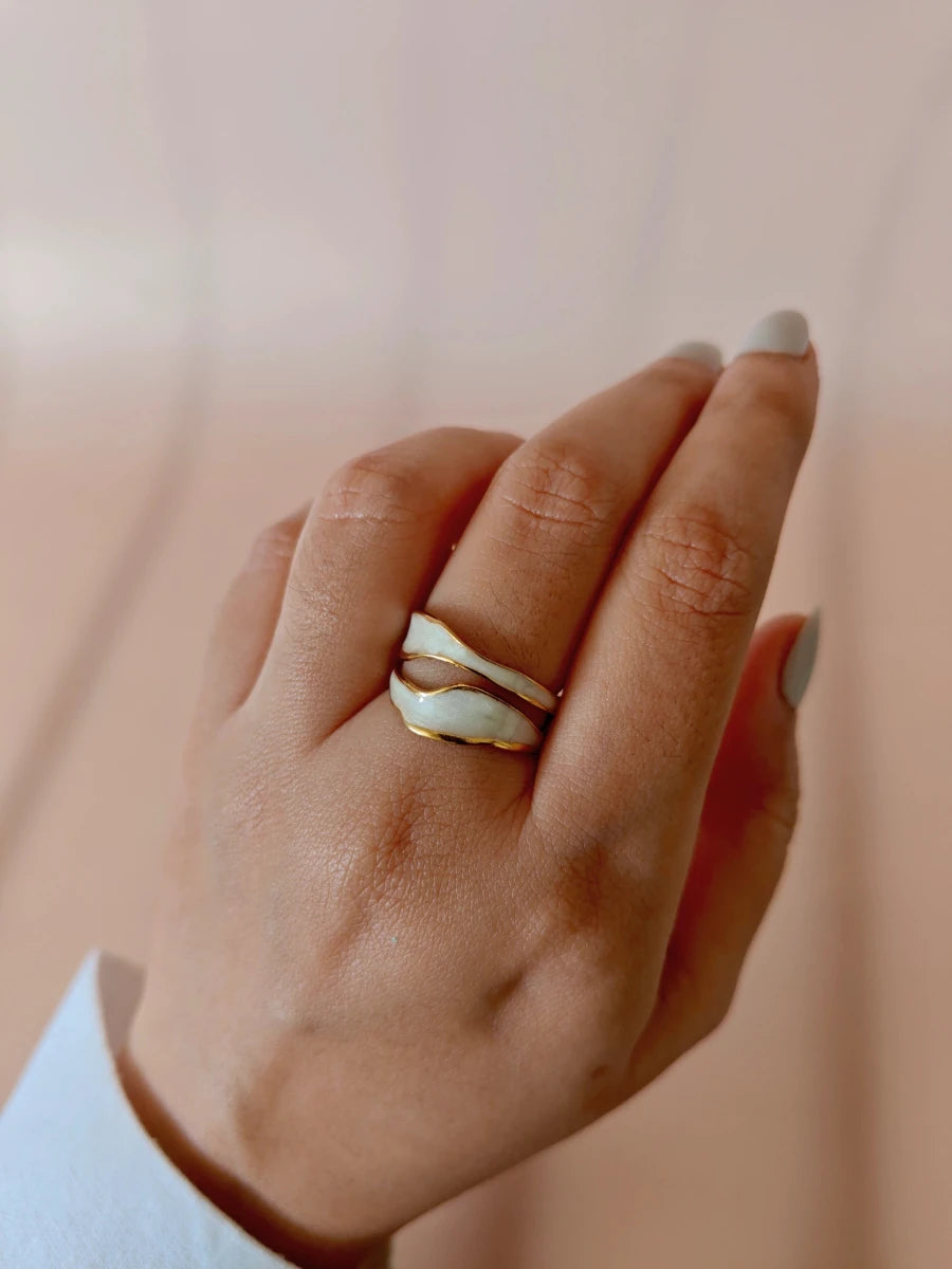 Ivory Enamel Wave Ring – 18K Gold Plated Adjustable Statement Ring for Women - Zoene Jewels