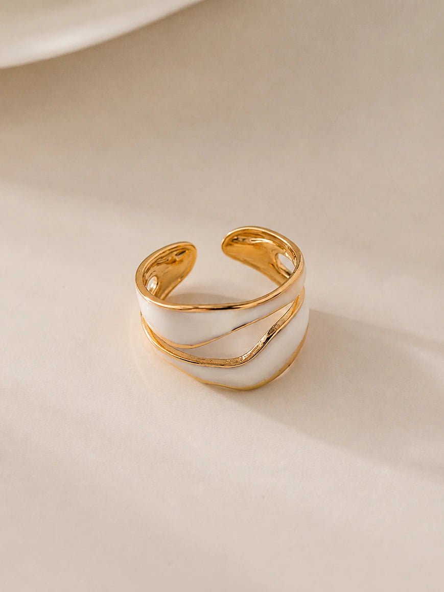Ivory Enamel Wave Ring – 18K Gold Plated Adjustable Statement Ring for Women - Zoene Jewels