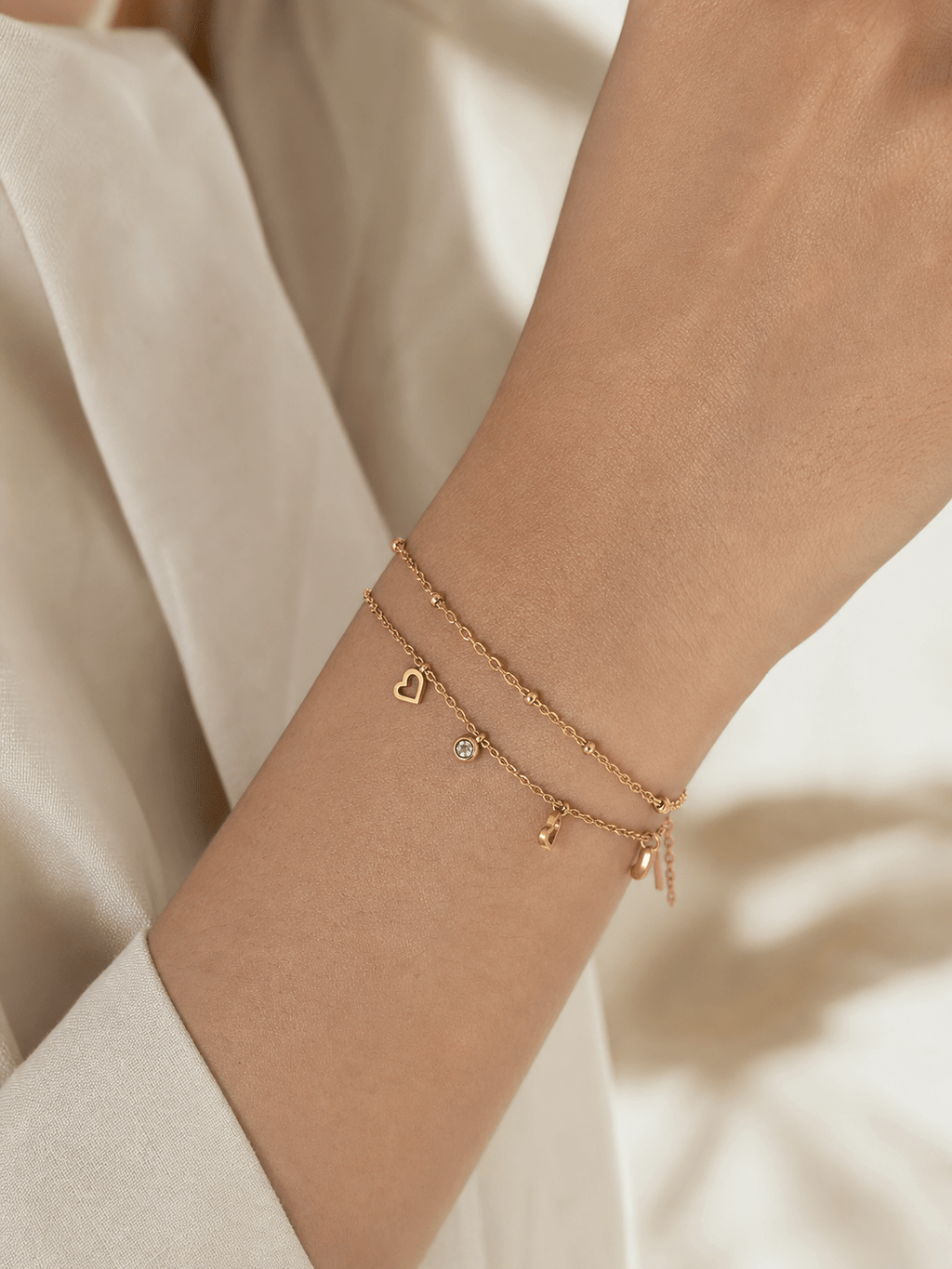 Layered Heart Charm Bracelet – 18K Gold Plated 316 Stainless Steel Zircon Bracelet for Women - Zoene Jewels