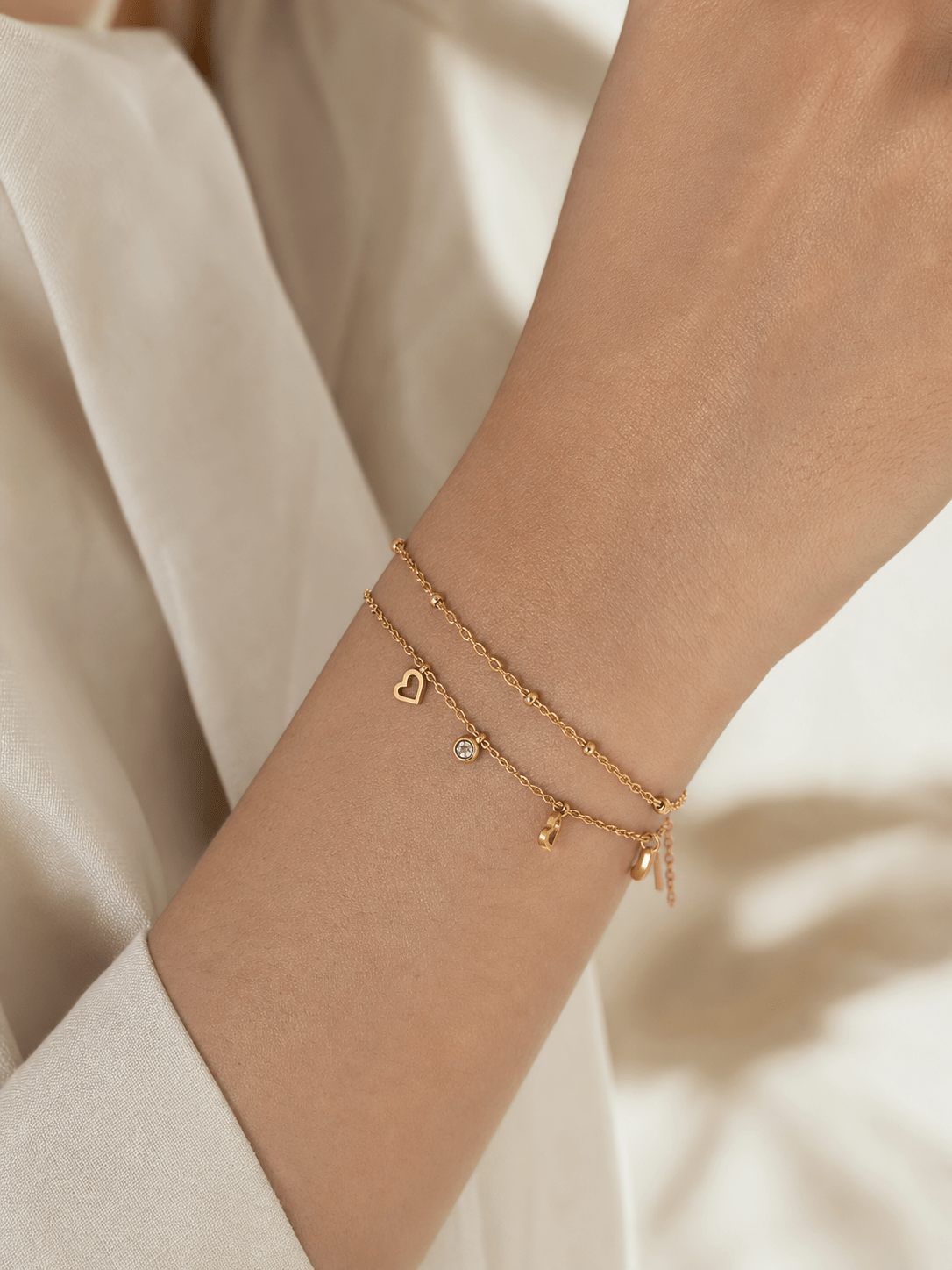 Layered Heart Charm Bracelet – 18K Gold Plated 316 Stainless Steel Zircon Bracelet for Women - Zoene Jewels