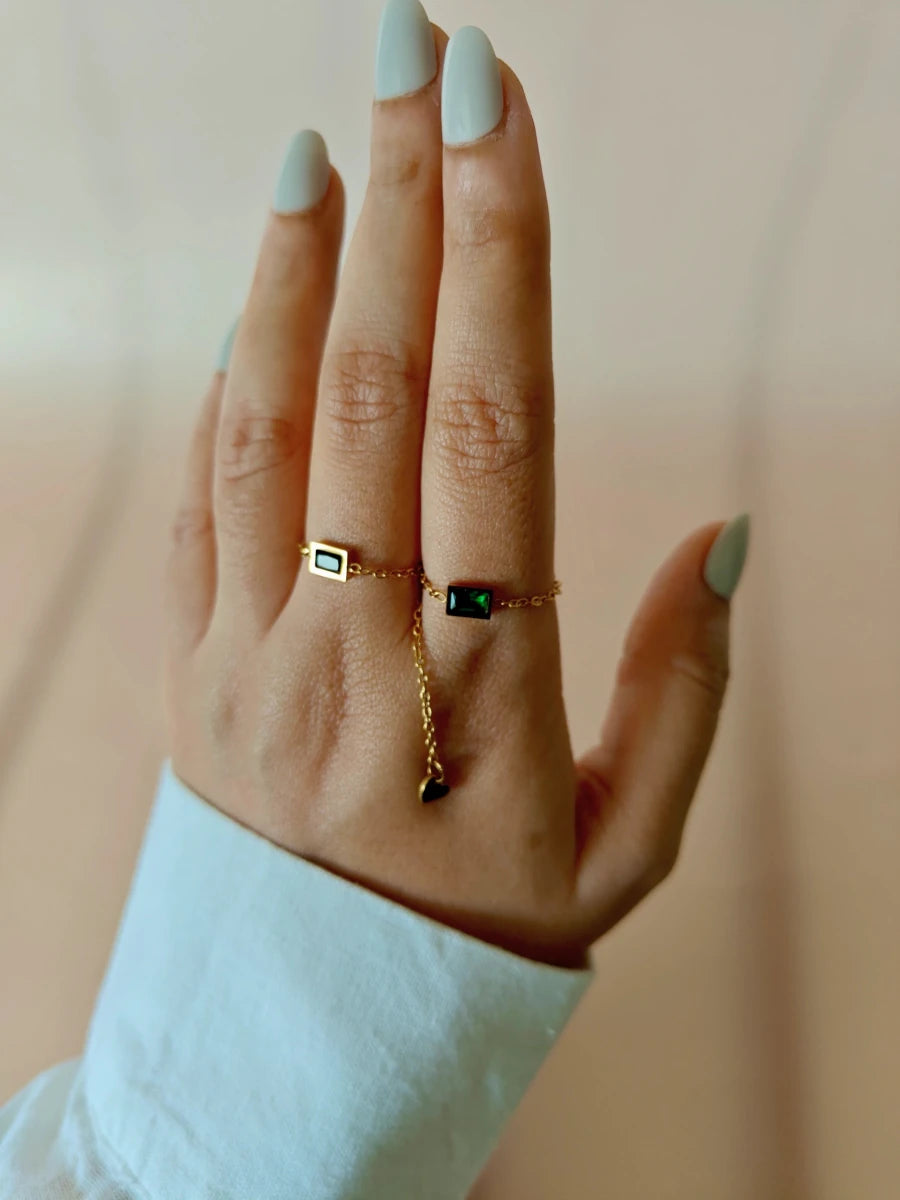 Linea Gem Chain Ring – Adjustable Baguette Stone Chain Ring in 18K Gold Plated Stainless Steel - Zoene Jewels