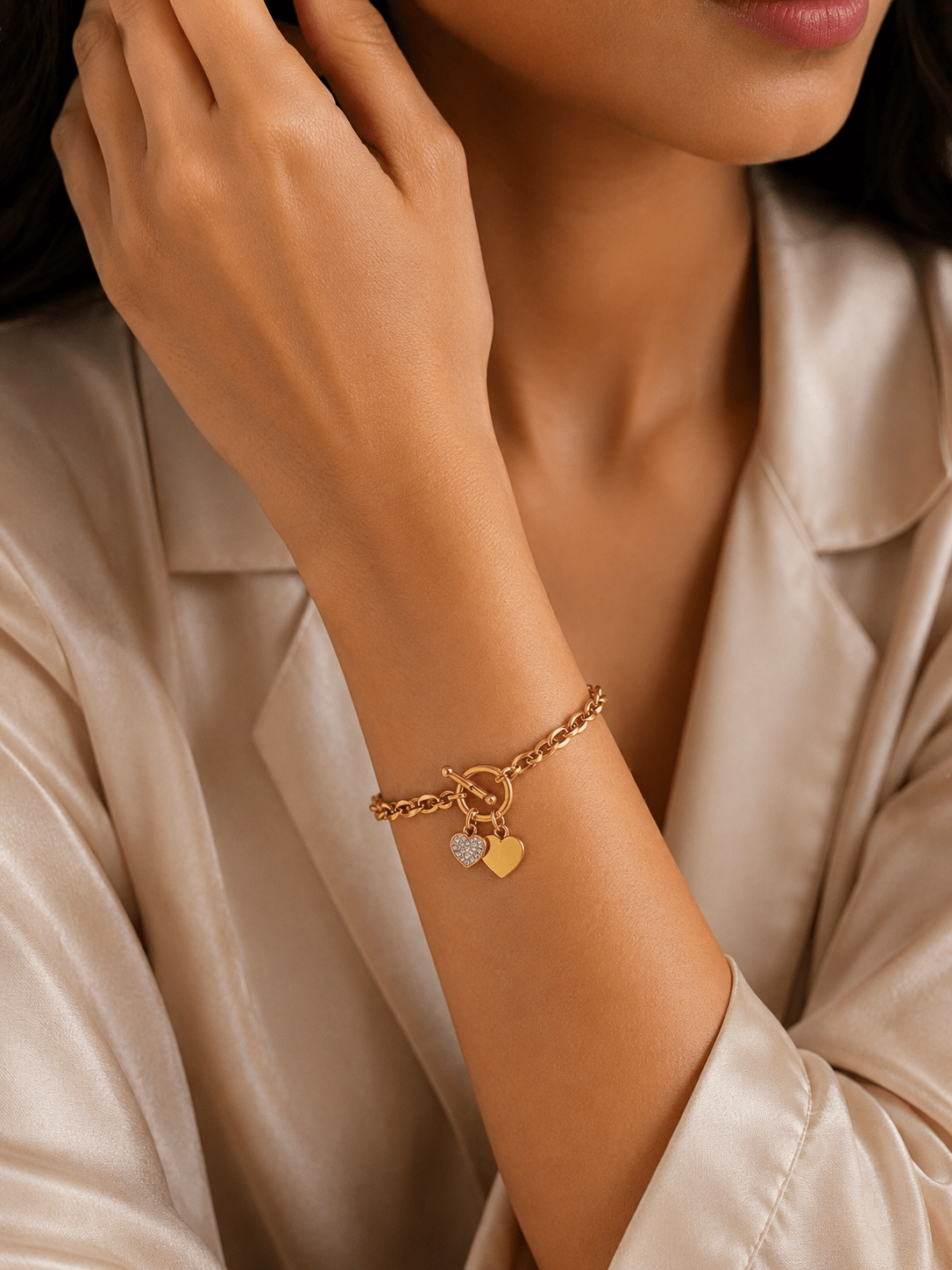 Love Charm Bracelet – 18K Gold Plated Stainless Steel Heart Charm Bracelet with Toggle Clasp - Zoene Jewels