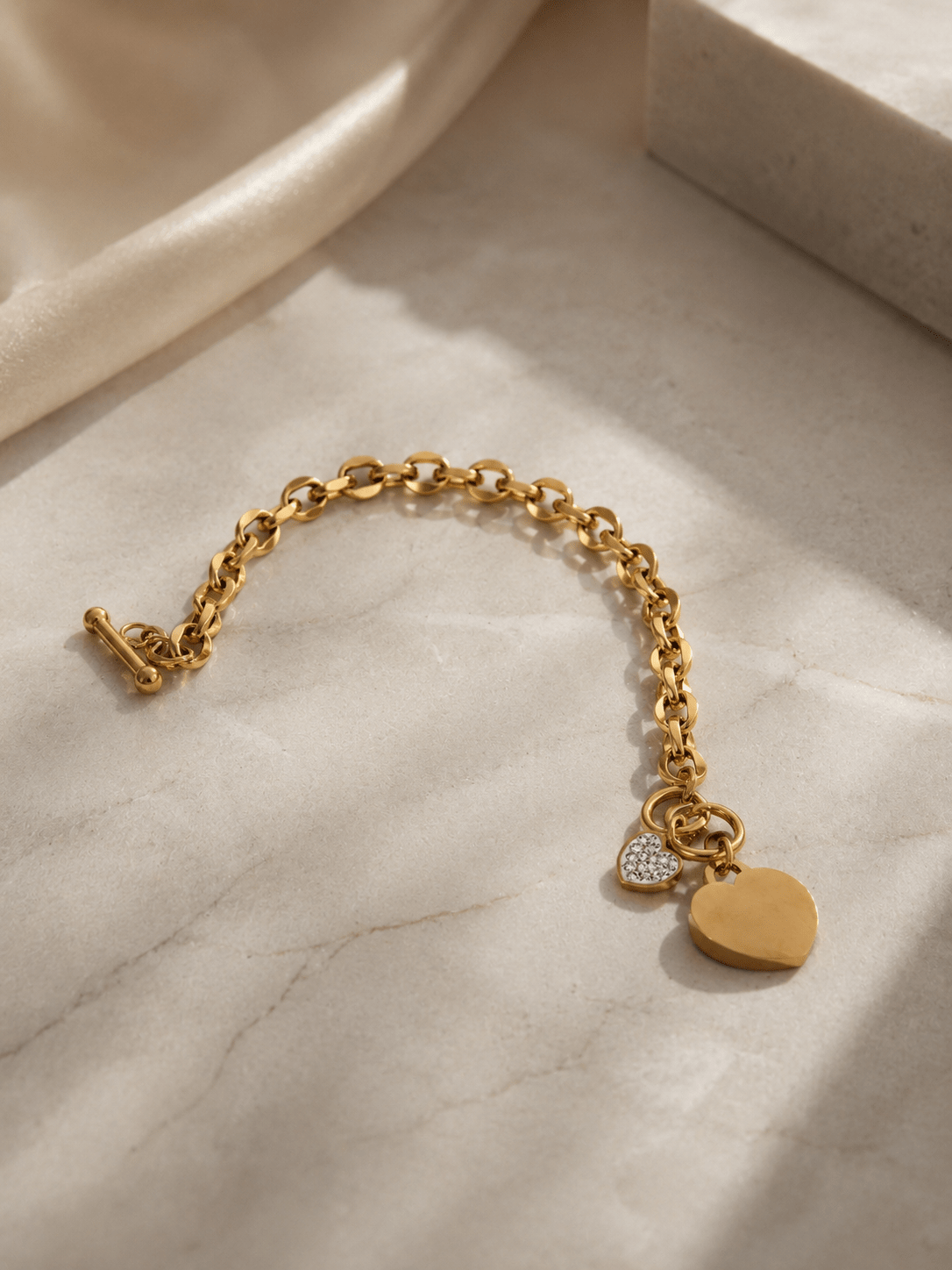 Love Charm Bracelet – 18K Gold Plated Stainless Steel Heart Charm Bracelet with Toggle Clasp - Zoene Jewels