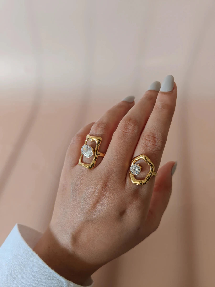 Luna Ripple Zircon Ring- Elegant Irregular Design Stainless Steel Ring for Women - Zoene Jewels