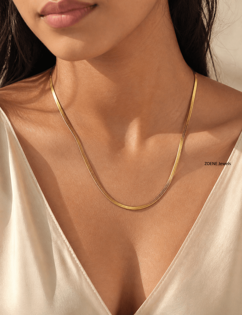Luxe 3mm Gold Snake Chain Necklace – 18K Gold Plated Minimalist Herringbone Chain for Women - Zoene Jewels
