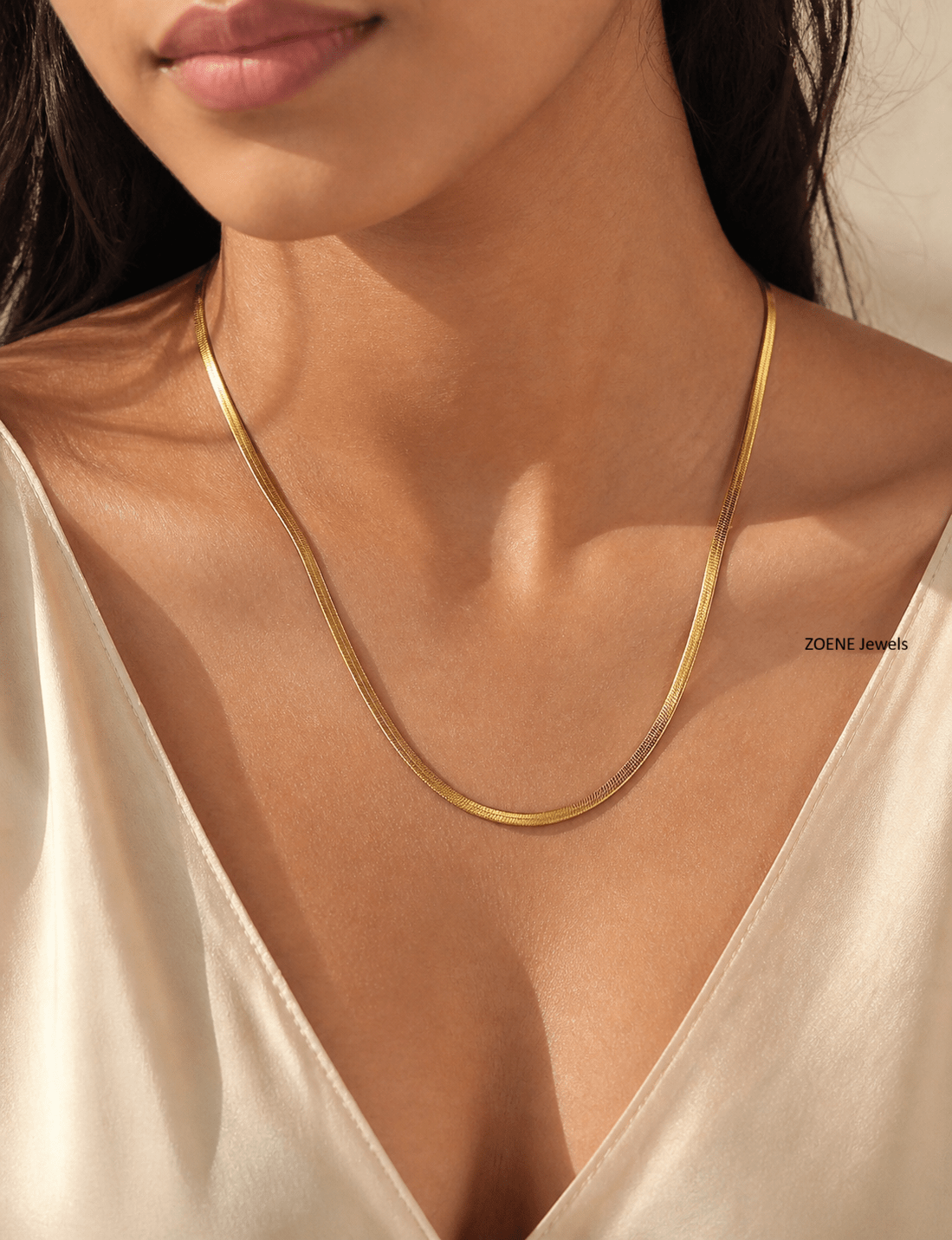 Luxe 3mm Gold Snake Chain Necklace – 18K Gold Plated Minimalist Herringbone Chain for Women - Zoene Jewels