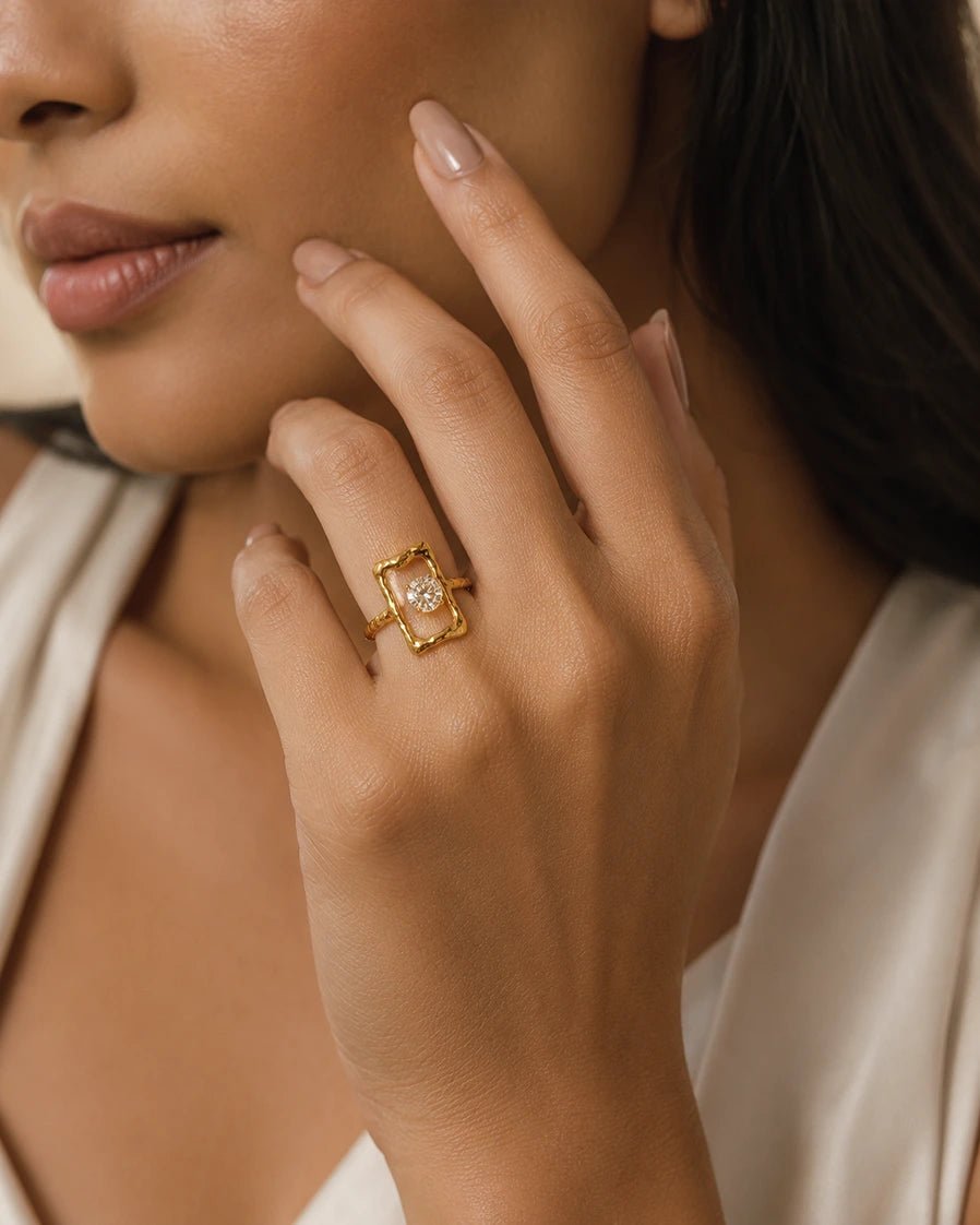 Nova Ripple Zircon Ring ; Embedded Zirconia – Elegant Irregular Design Ring for Women - Zoene Jewels