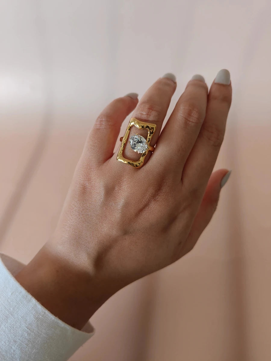 Nova Ripple Zircon Ring ; Embedded Zirconia – Elegant Irregular Design Ring for Women - Zoene Jewels